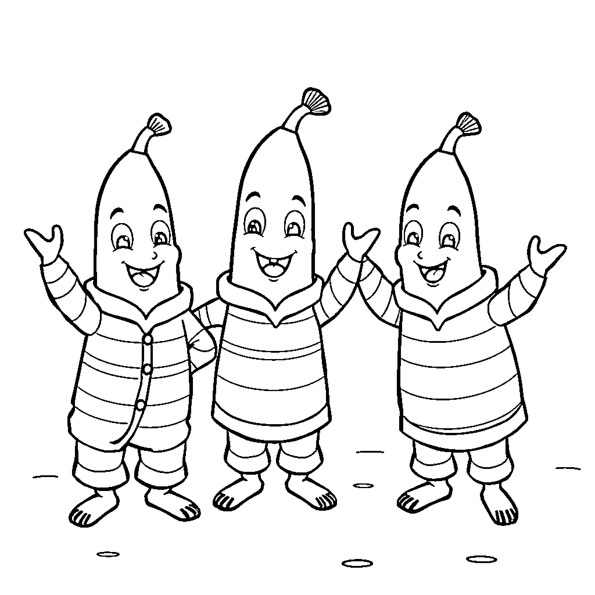 Banana friends celebrating happily together Coloring Page (free black-and-white line drawing printable PDF for all, from beginners to advanced learners, including children, teens, adults, and seniors)
