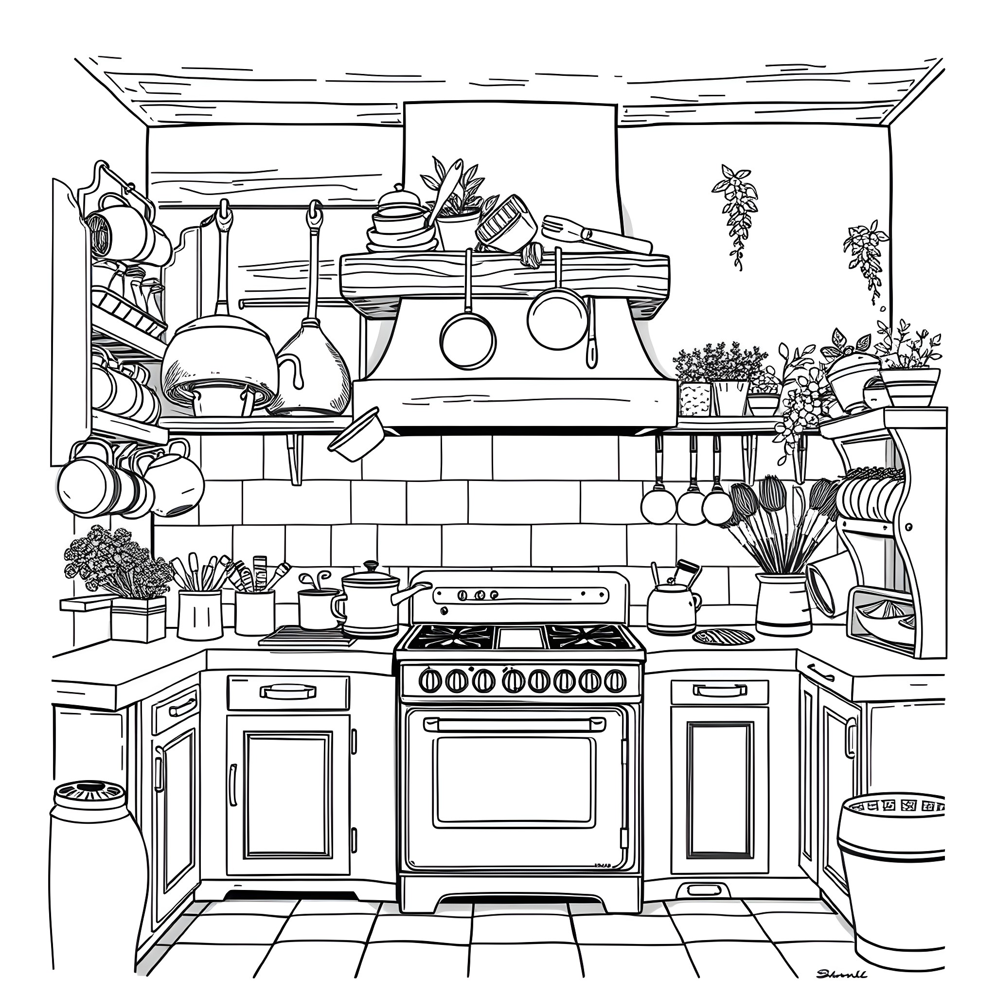 Pot and Pan Filled Kitchen with Eclectic Decor Coloring Page (free black-and-white line drawing printable PDF for all, from beginners to advanced learners, including children, teens, adults, and seniors)