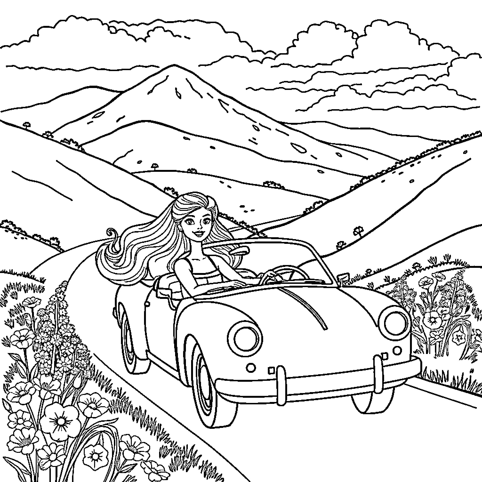 Barbie driving a sports car through the mountains Coloring Page (free black-and-white line drawing printable PDF for all, from beginners to advanced learners, including children, teens, adults, and seniors)