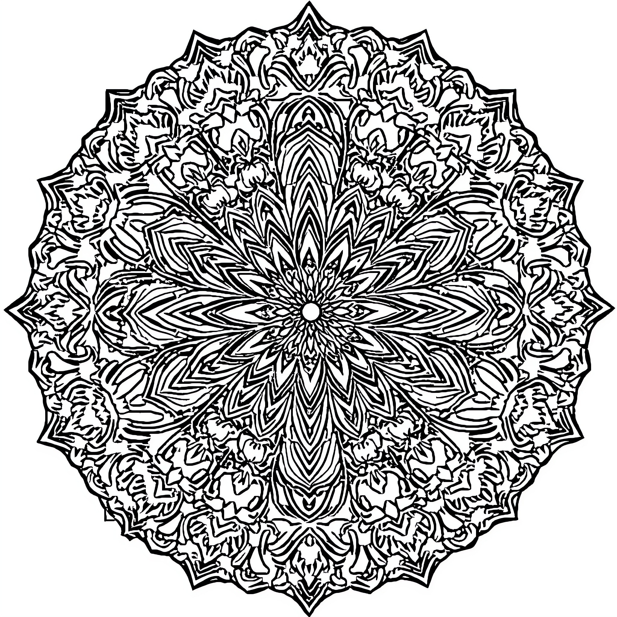 Mandala of intricate floral patterns and symmetry Coloring Page (free black-and-white line drawing printable PDF for all, from beginners to advanced learners, including children, teens, adults, and seniors)