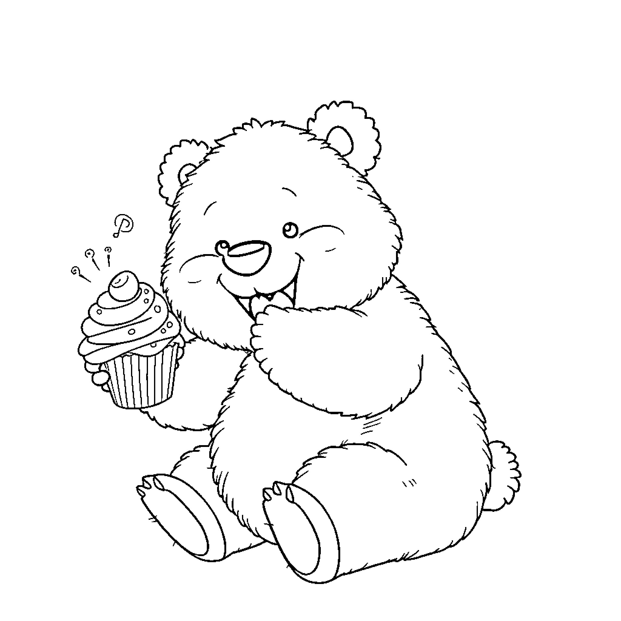 Bear enjoying a delicious cupcake Coloring Page (free black-and-white line drawing printable PDF for all, from beginners to advanced learners, including children, teens, adults, and seniors)