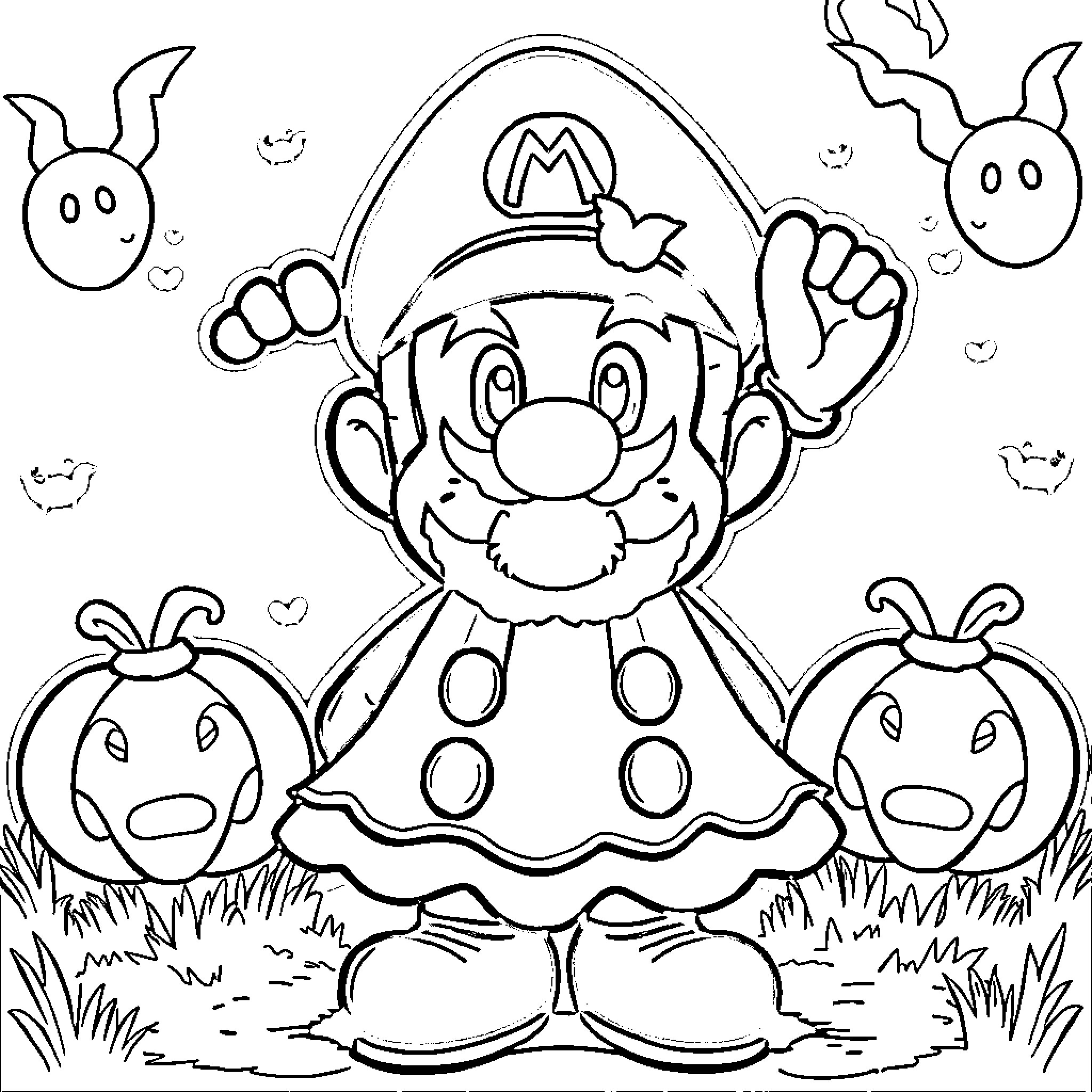 Super Mario's Festive Costume and Pumpkin Friends Coloring Page (free black-and-white line drawing printable PDF for all, from beginners to advanced learners, including children, teens, adults, and seniors)