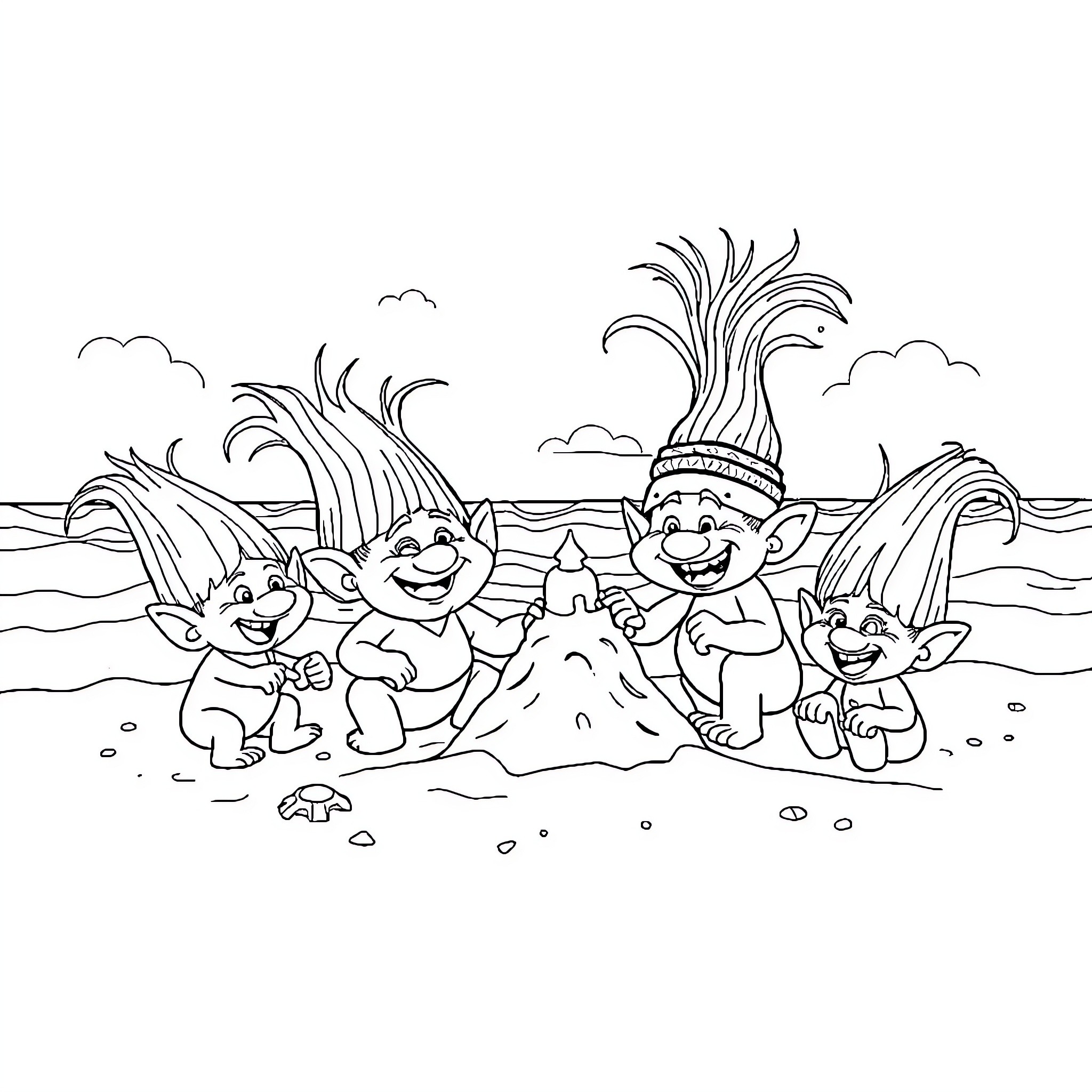 Troll family playing on the beach Coloring Page (free black-and-white line drawing printable PDF for all, from beginners to advanced learners, including children, teens, adults, and seniors)