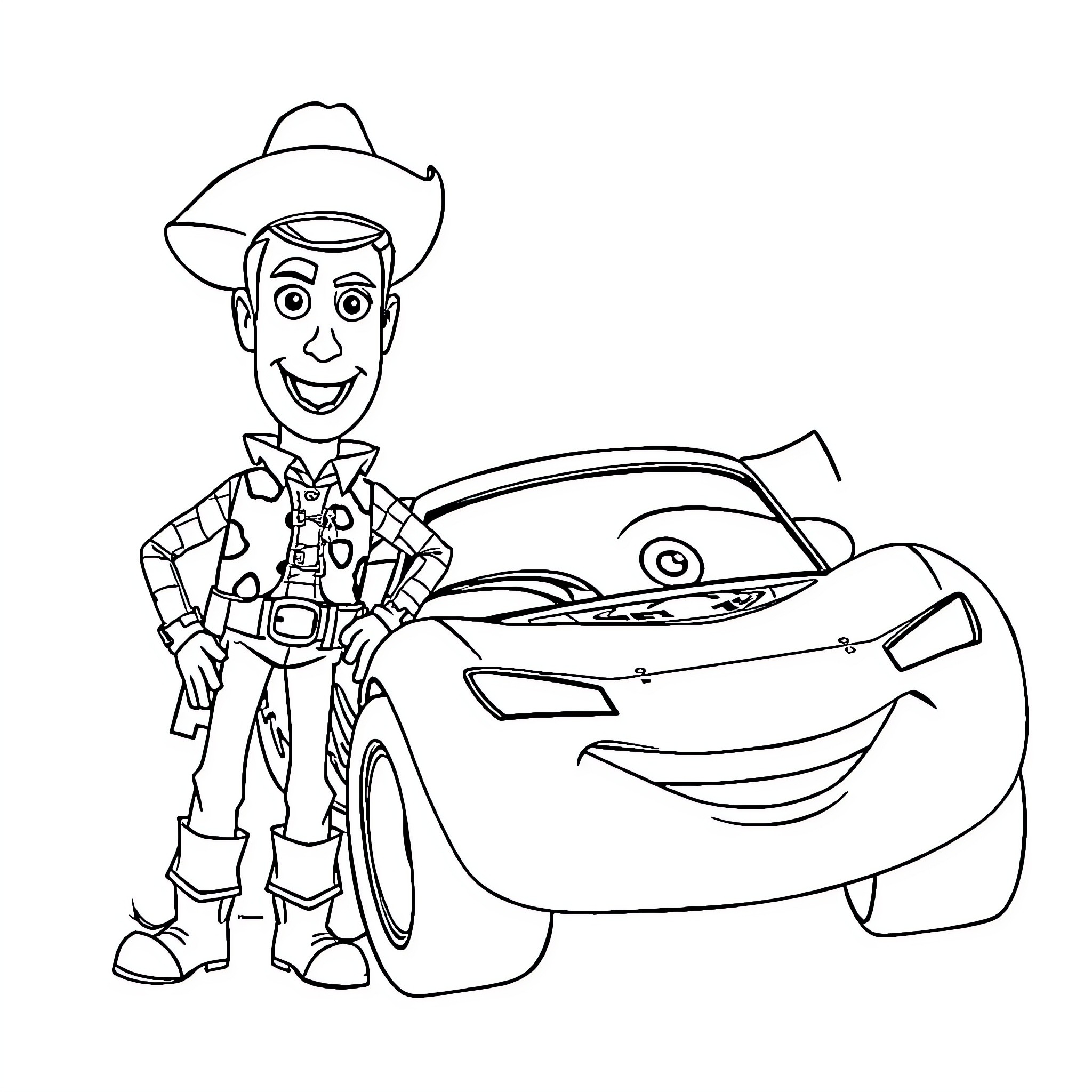 Lightning McQueen and Cowboy Woody posing together Coloring Page (free black-and-white line drawing printable PDF for all, from beginners to advanced learners, including children, teens, adults, and seniors)