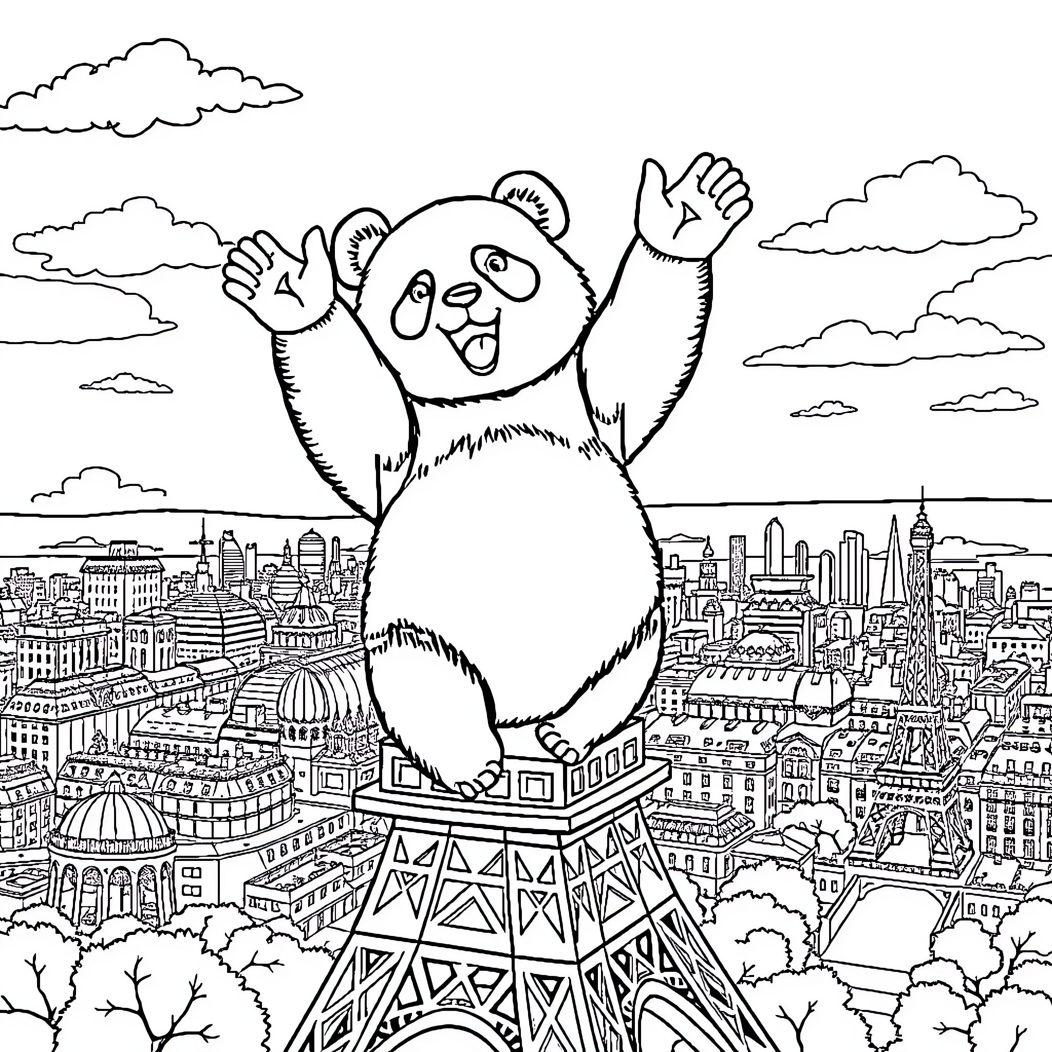 Panda Enjoying the City View from the Eiffel Tower Coloring Page (free black-and-white line drawing printable PDF for all, from beginners to advanced learners, including children, teens, adults, and seniors)