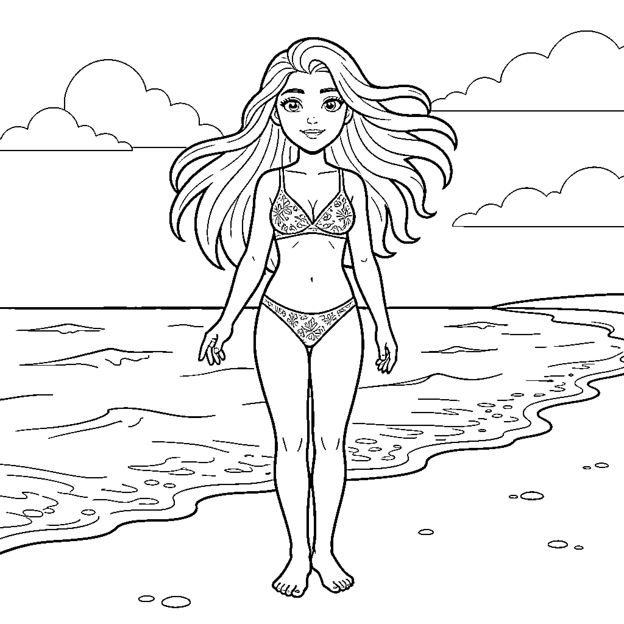 Queen walking gracefully along the sunny beach Coloring Page (free black-and-white line drawing printable PDF for all, from beginners to advanced learners, including children, teens, adults, and seniors)