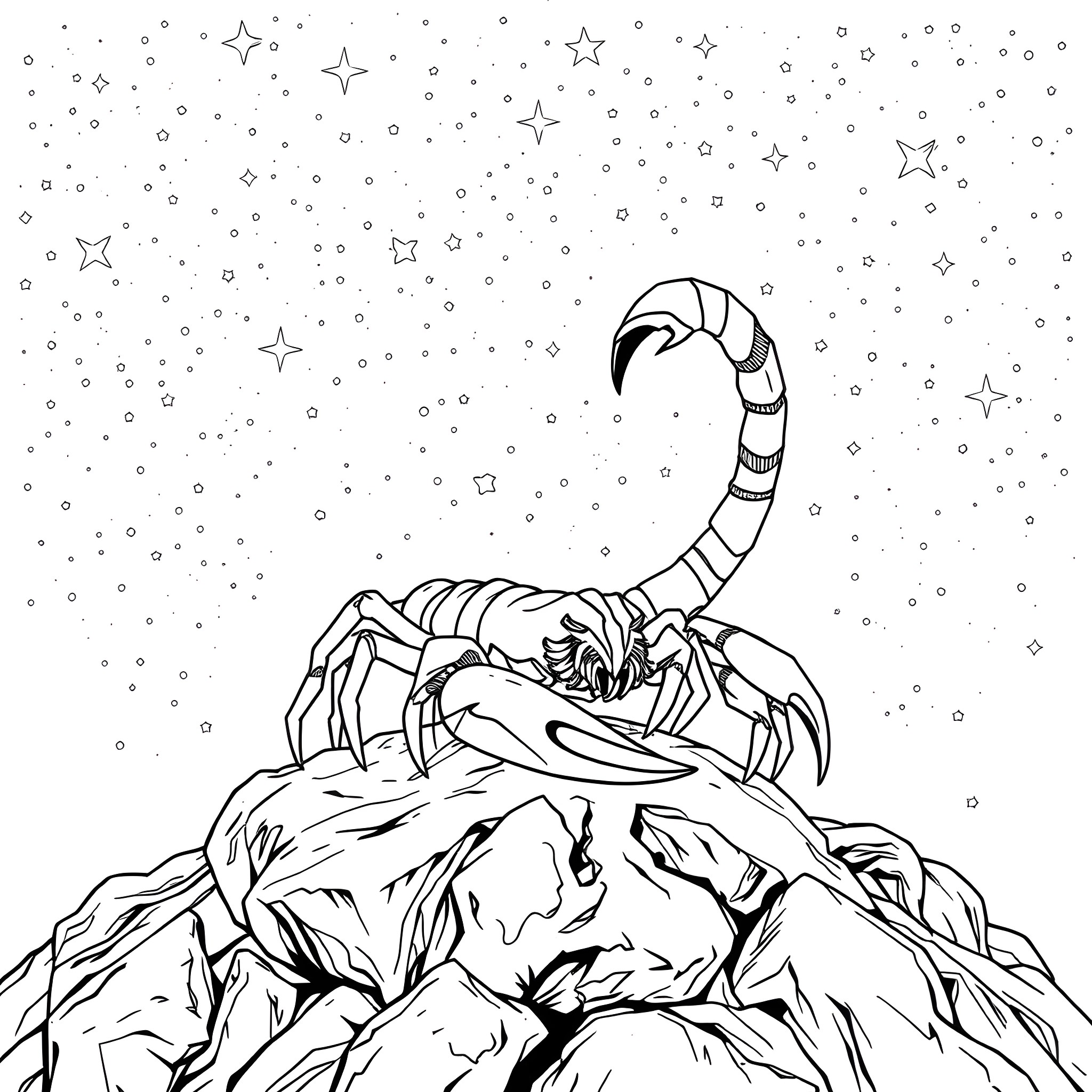 Scorpio scorpion amidst starry night sky Coloring Page (free black-and-white line drawing printable PDF for all, from beginners to advanced learners, including children, teens, adults, and seniors)