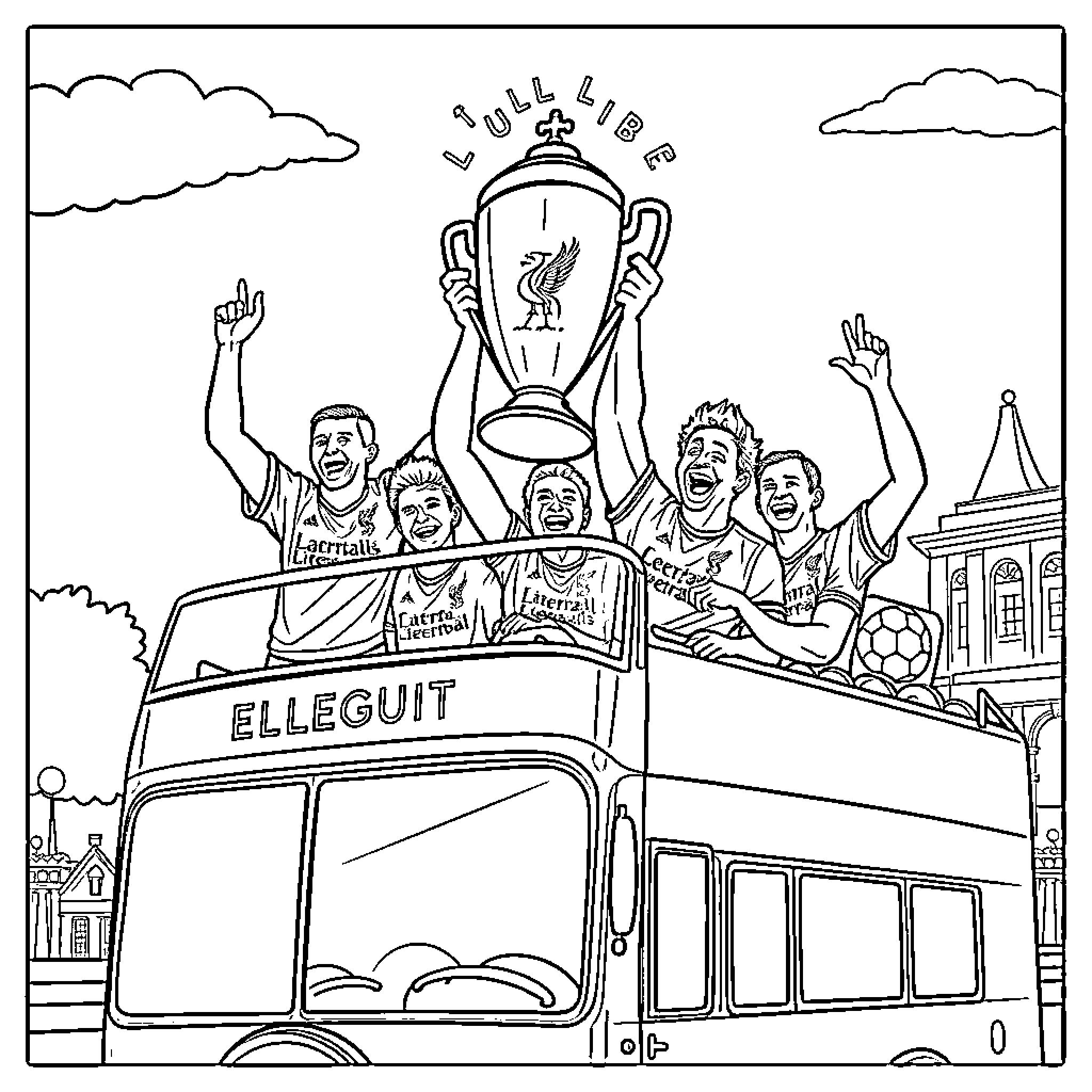 Liverpool fans celebrating after winning the cup Coloring Page (free black-and-white line drawing printable PDF for all, from beginners to advanced learners, including children, teens, adults, and seniors)