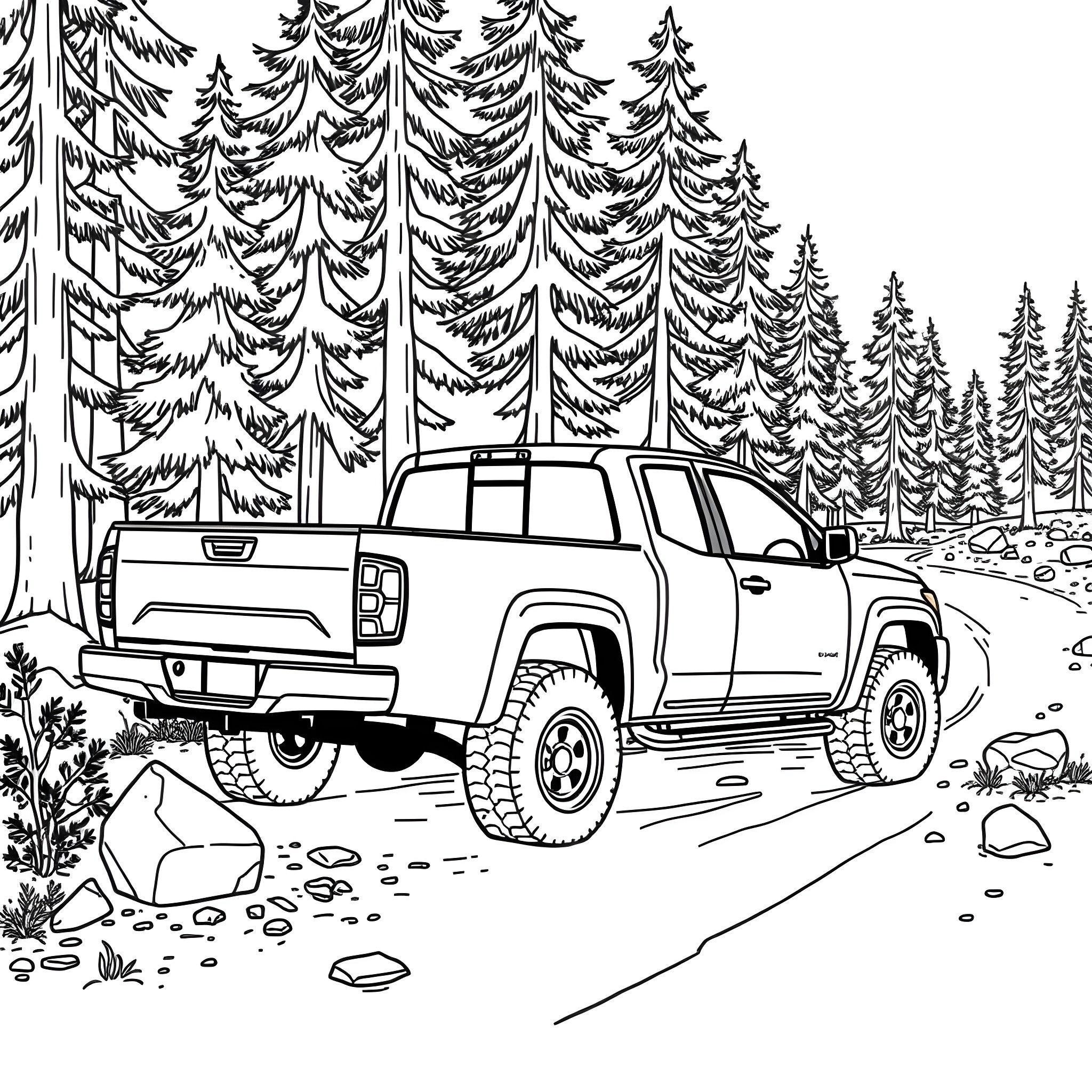 Pick Up Truck Navigating Rugged Terrain in Forested Scene Coloring Page (free black-and-white line drawing printable PDF for all, from beginners to advanced learners, including children, teens, adults, and seniors)