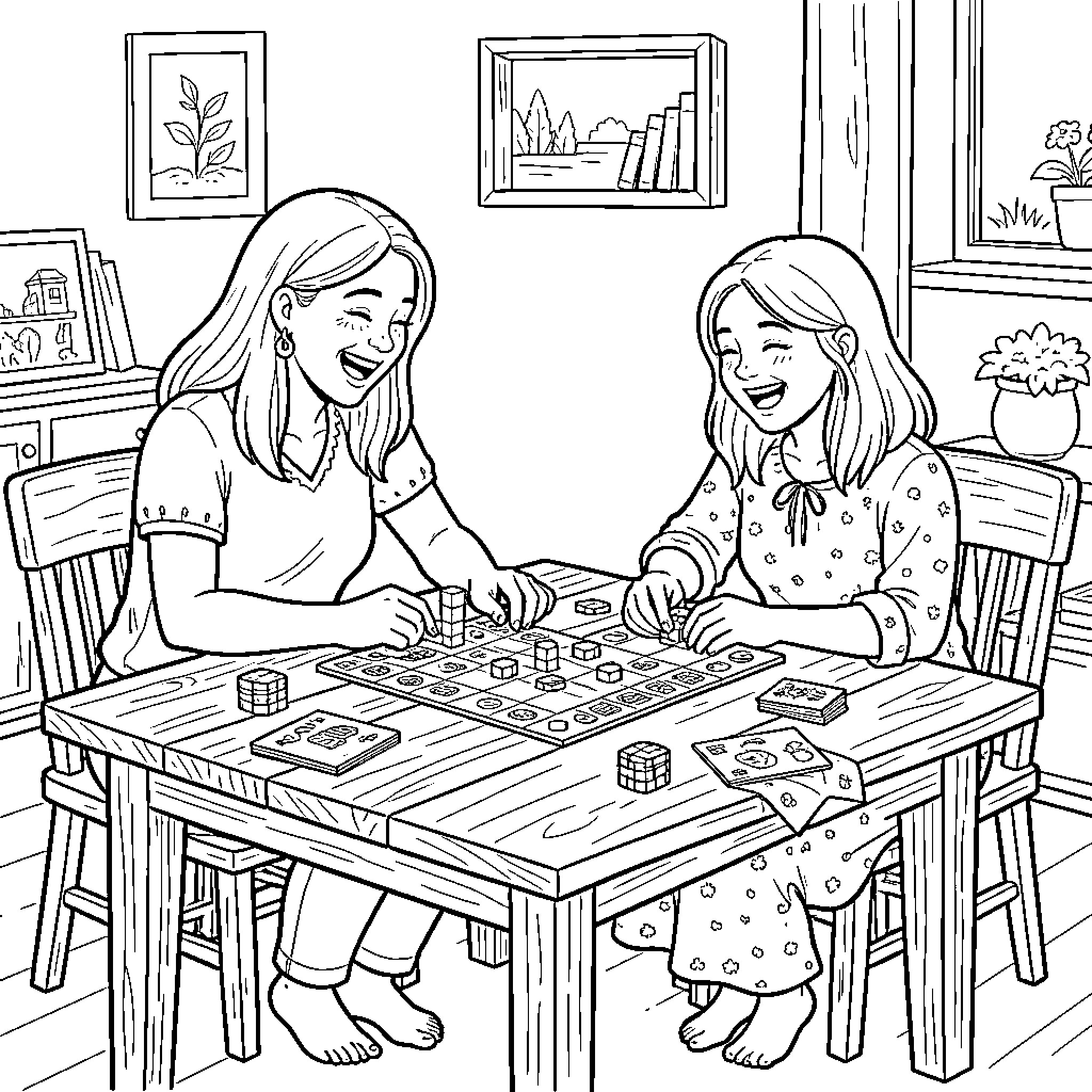 Mother and daughter laughing while playing a board game Coloring Page (free black-and-white line drawing printable PDF for all, from beginners to advanced learners, including children, teens, adults, and seniors)