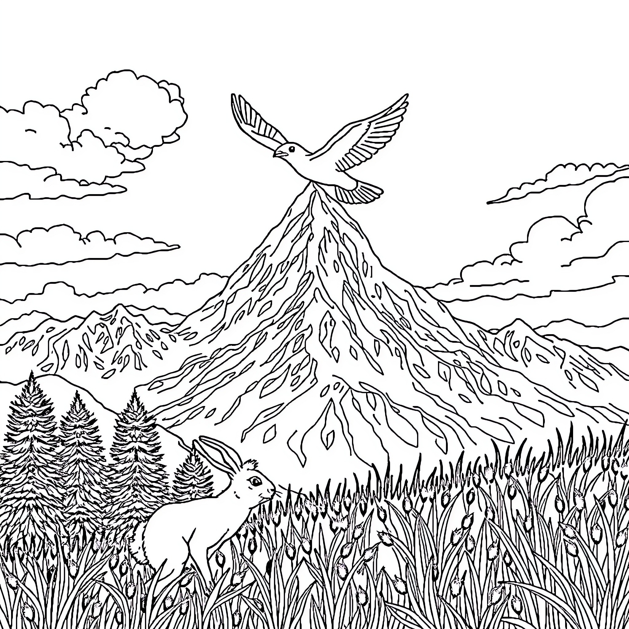 Mountain landscape with flying bird and wildlife Coloring Page (free black-and-white line drawing printable PDF for all, from beginners to advanced learners, including children, teens, adults, and seniors)