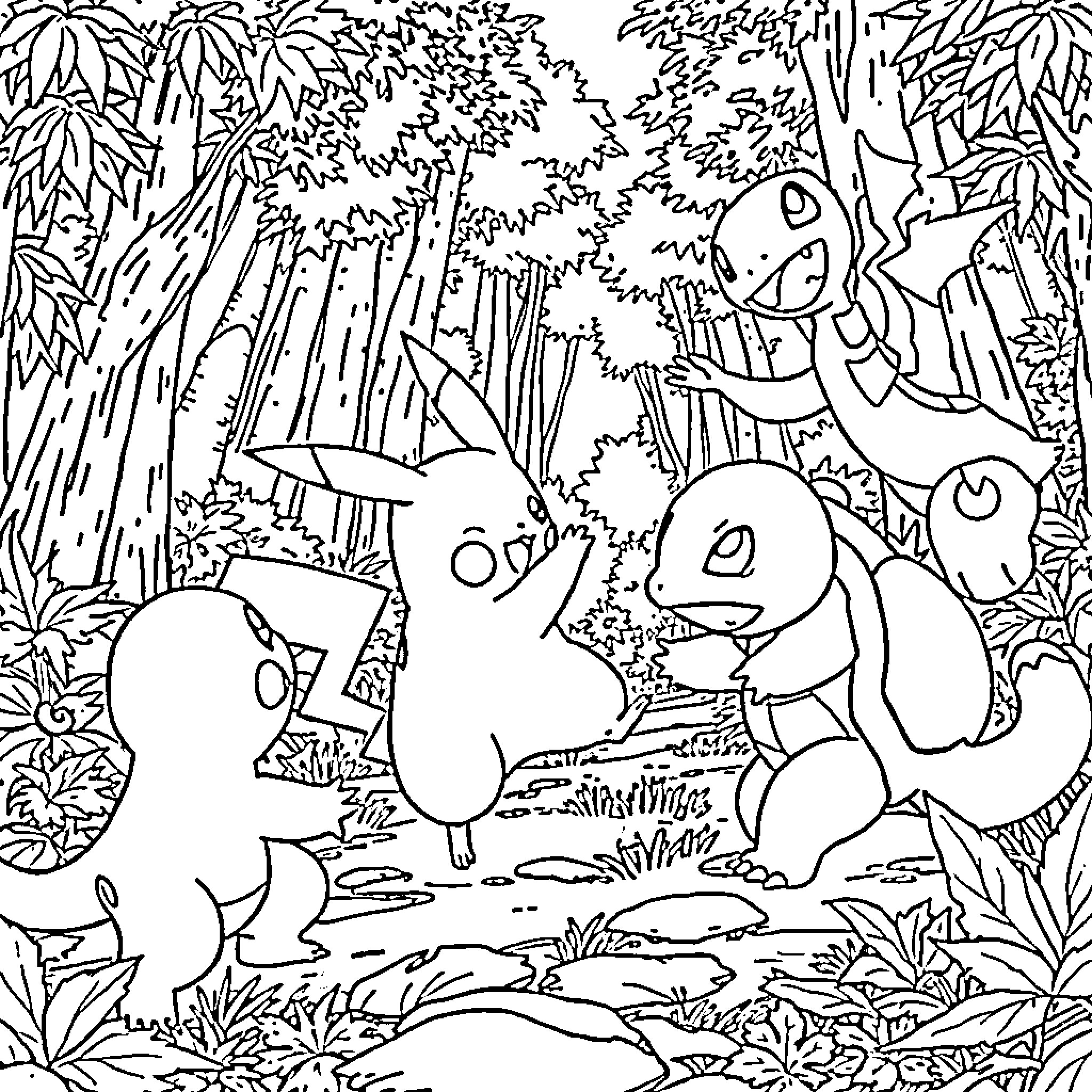 Pikachu and friends exploring the forest Coloring Page (free black-and-white line drawing printable PDF for all, from beginners to advanced learners, including children, teens, adults, and seniors)