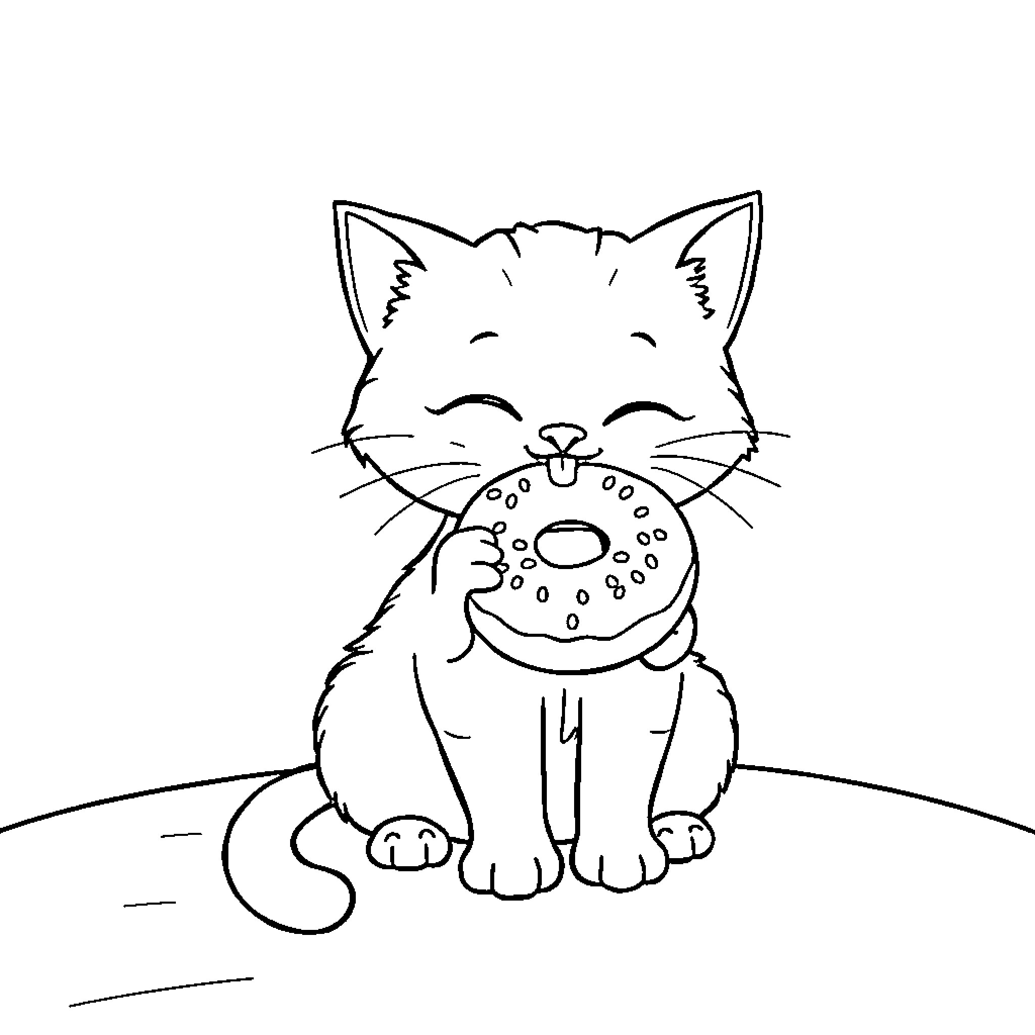 Cat enjoying a delicious treat Coloring Page (free black-and-white line drawing printable PDF for all, from beginners to advanced learners, including children, teens, adults, and seniors)
