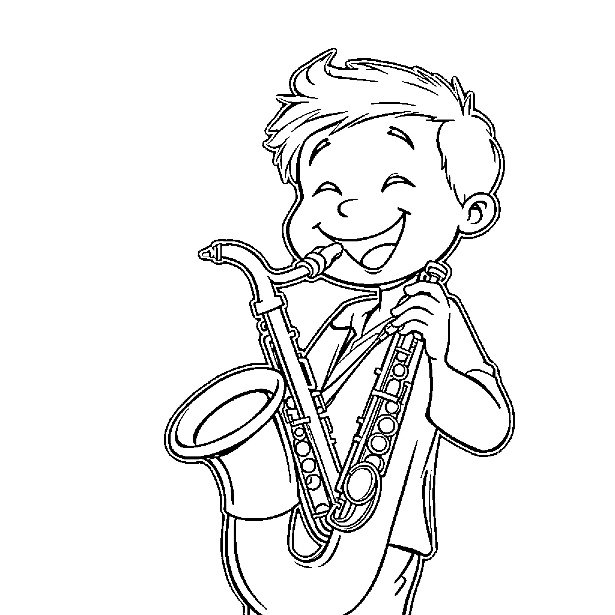 Child playing happily with saxophone Coloring Page (free black-and-white line drawing printable PDF for all, from beginners to advanced learners, including children, teens, adults, and seniors)