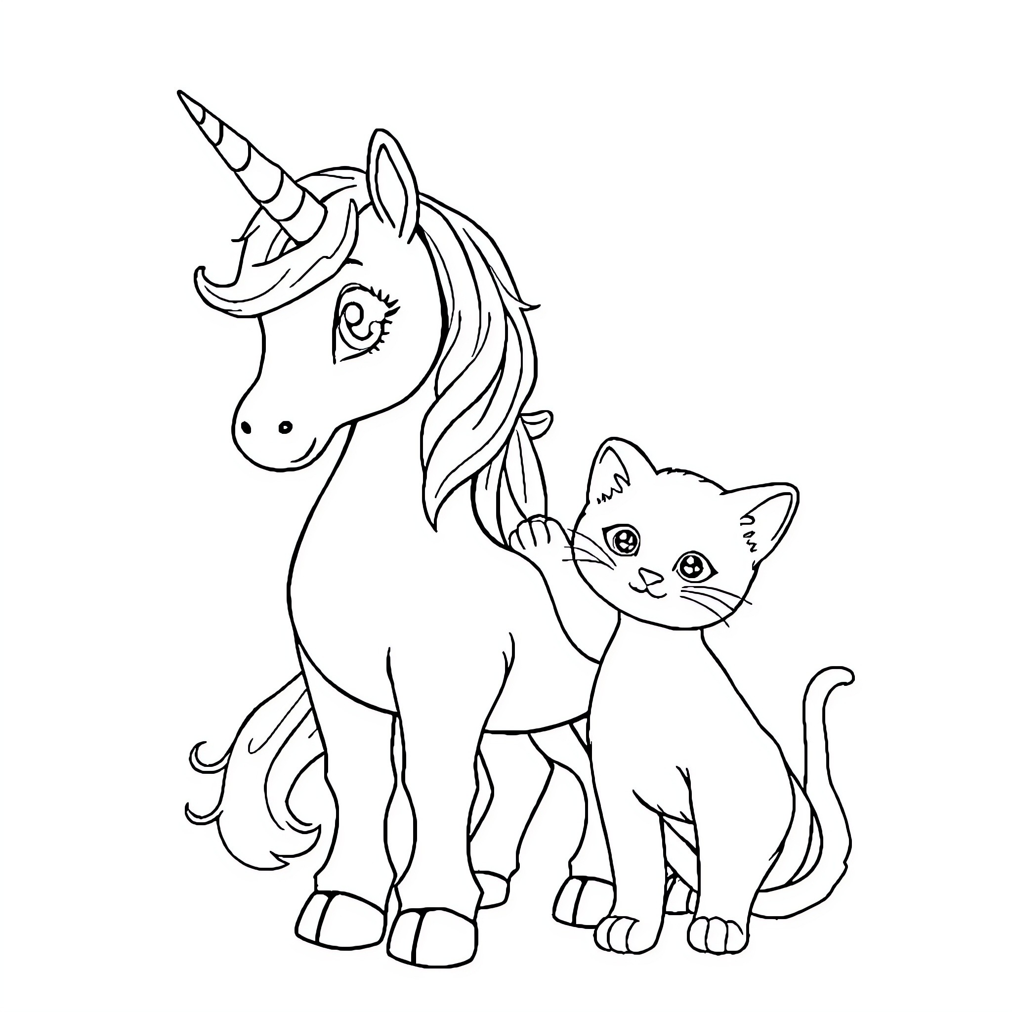 Unicorn standing next to a playful kitten Coloring Page (free black-and-white line drawing printable PDF for all, from beginners to advanced learners, including children, teens, adults, and seniors)