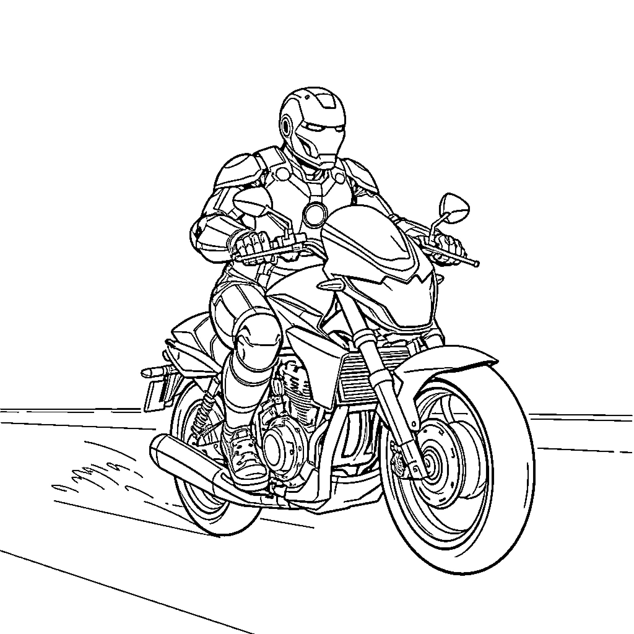 Ironman speeding on a motorcycle in the city Coloring Page (free black-and-white line drawing printable PDF for all, from beginners to advanced learners, including children, teens, adults, and seniors)