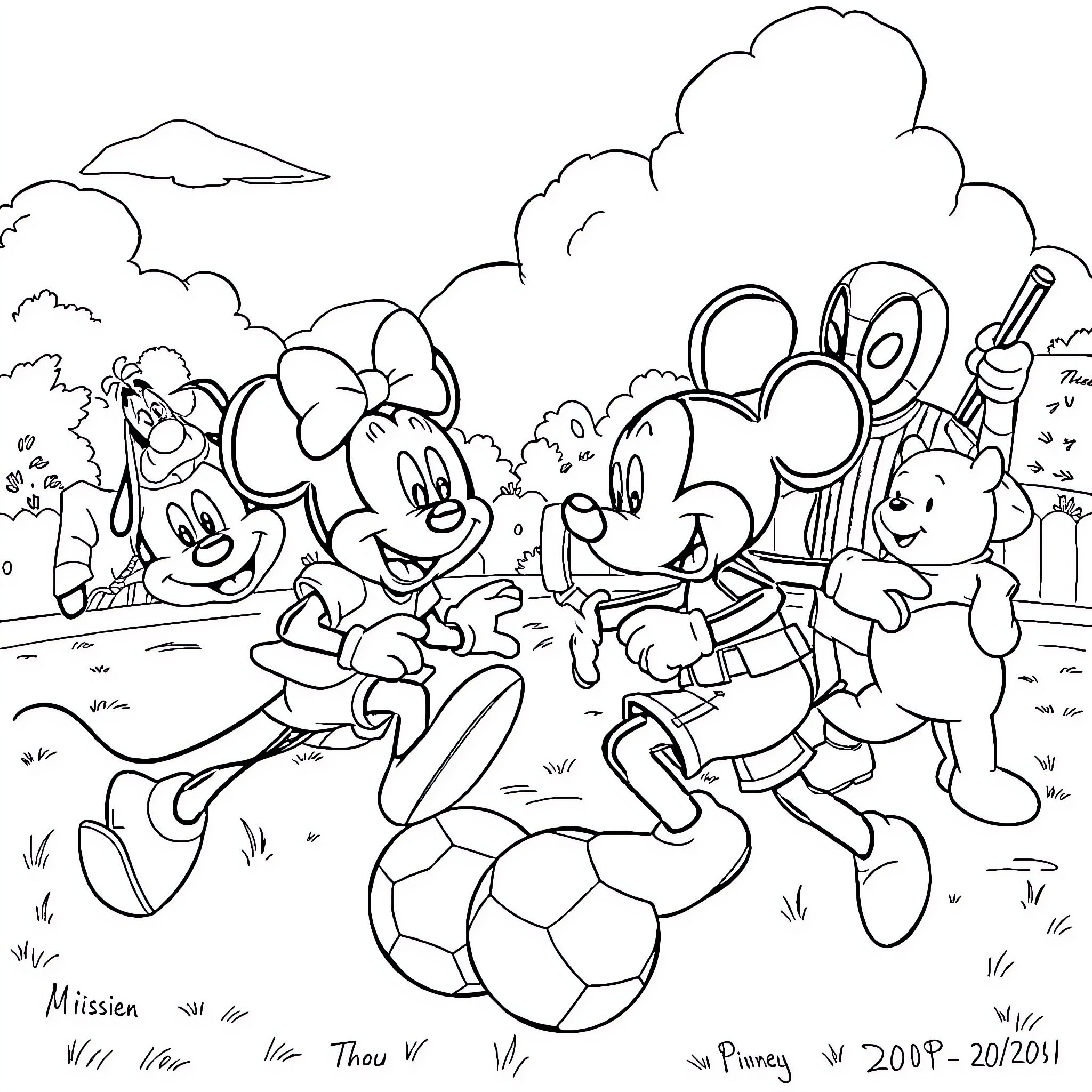 Mickey Mouse and Friends Playing in the Park Coloring Page (free black-and-white line drawing printable PDF for all, from beginners to advanced learners, including children, teens, adults, and seniors)