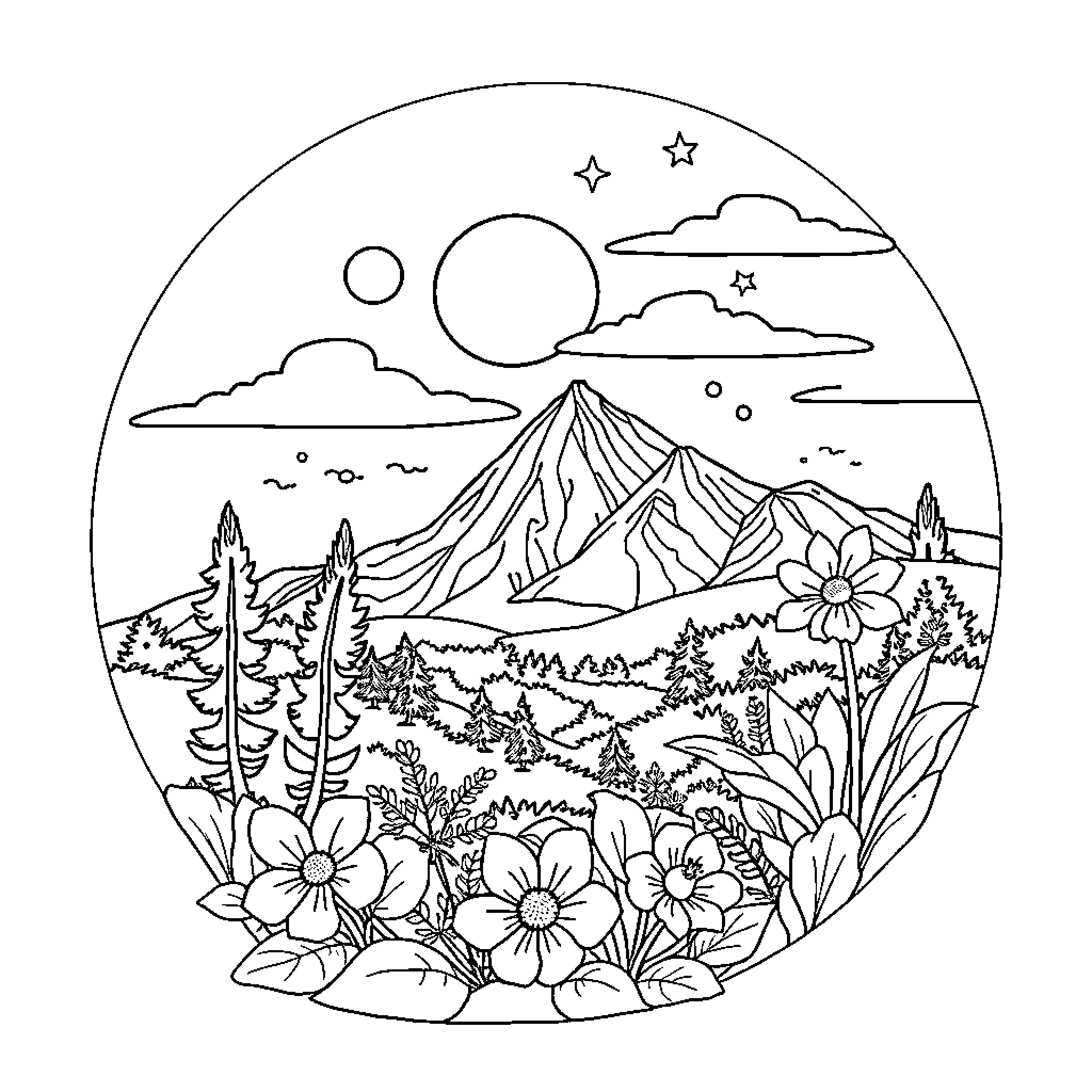 Nature's Serene Landscape with Blooming Flowers Coloring Page (free black-and-white line drawing printable PDF for all, from beginners to advanced learners, including children, teens, adults, and seniors)