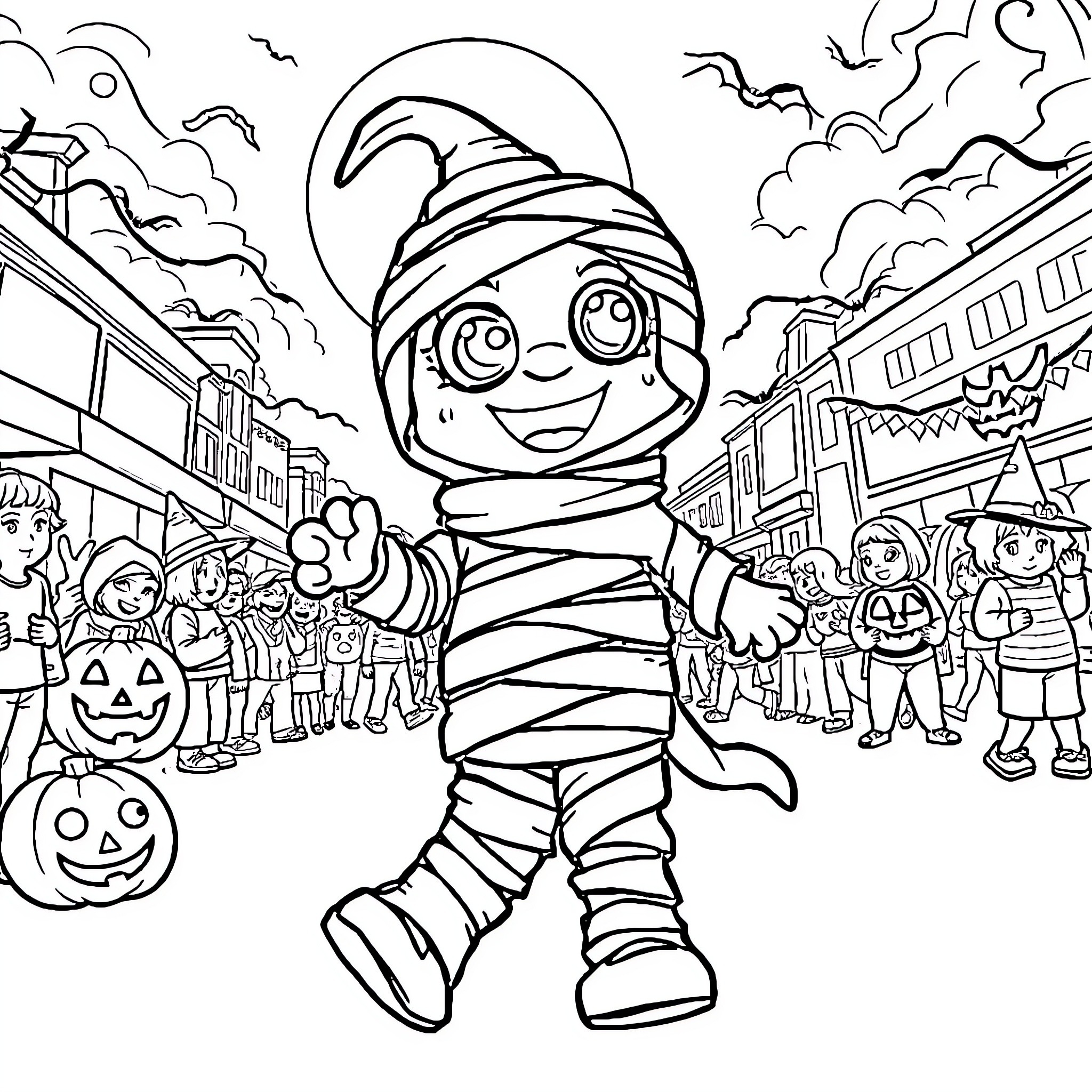 Bluey's Halloween Costume Parade Coloring Page (free black-and-white line drawing printable PDF for all, from beginners to advanced learners, including children, teens, adults, and seniors)