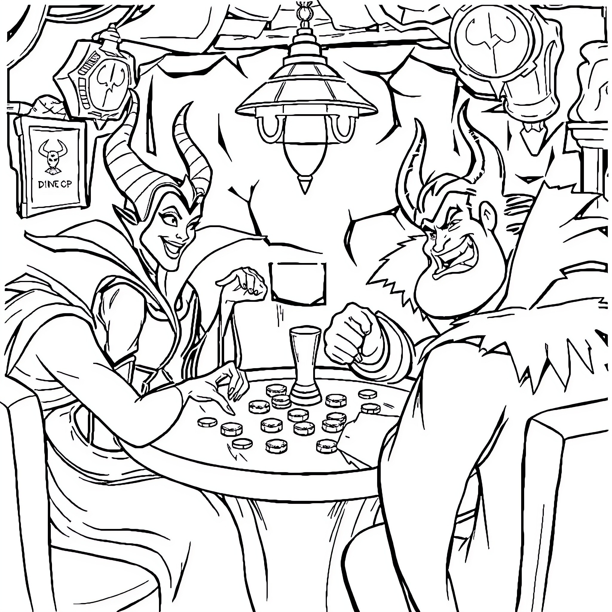 Disney Villains Engaging in Mischievous Deeds Coloring Page (free black-and-white line drawing printable PDF for all, from beginners to advanced learners, including children, teens, adults, and seniors)