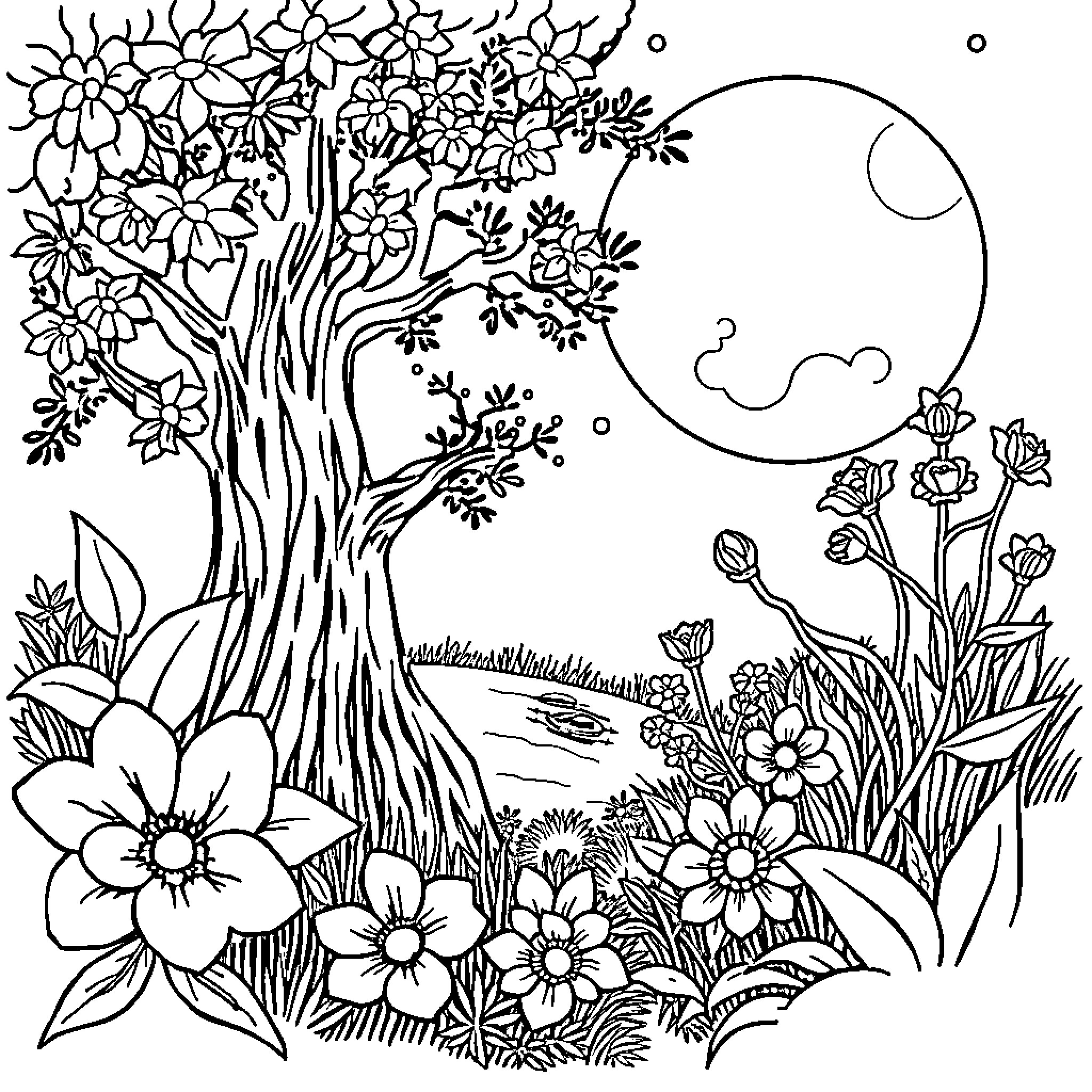 Yeḍa Jewelry: Floral Wonderland Coloring Page (free black-and-white line drawing printable PDF for all, from beginners to advanced learners, including children, teens, adults, and seniors)