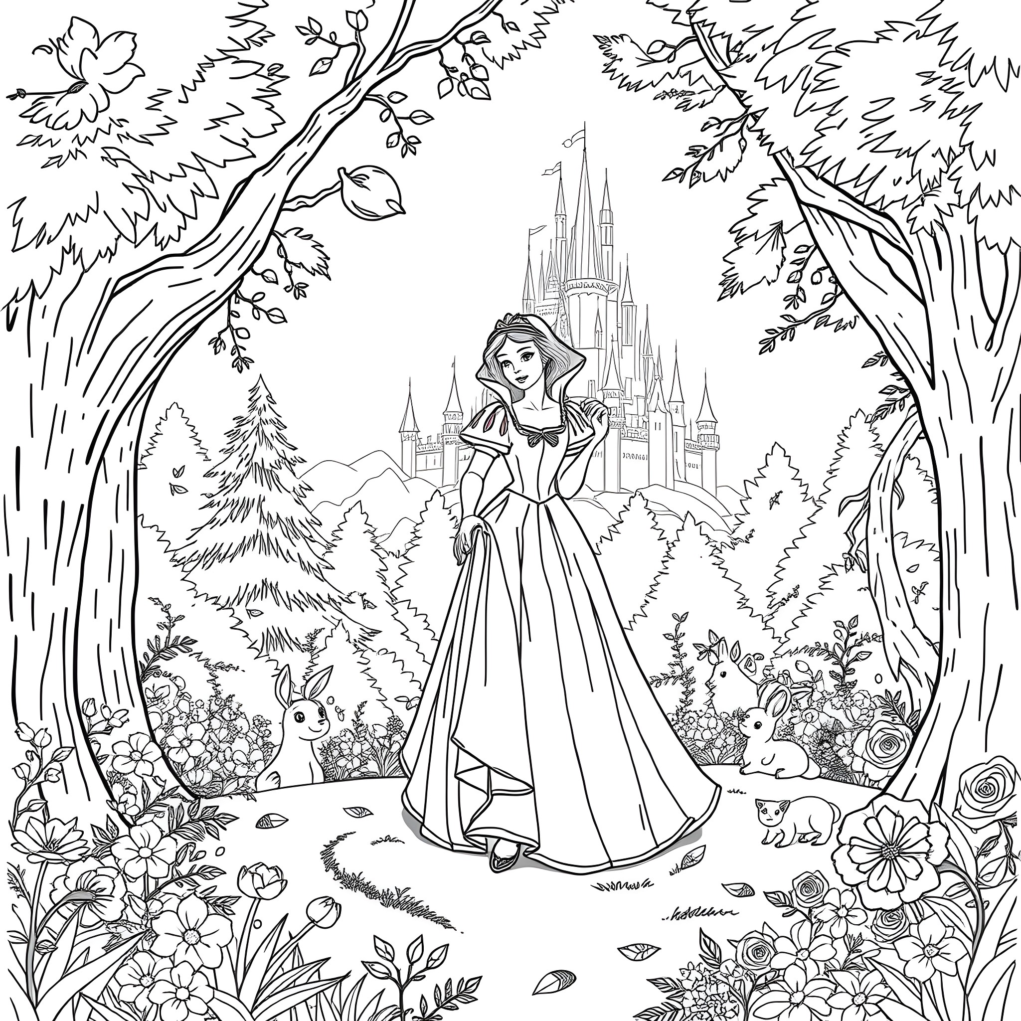 Snow White in the enchanted forest with animals Coloring Page (free black-and-white line drawing printable PDF for all, from beginners to advanced learners, including children, teens, adults, and seniors)