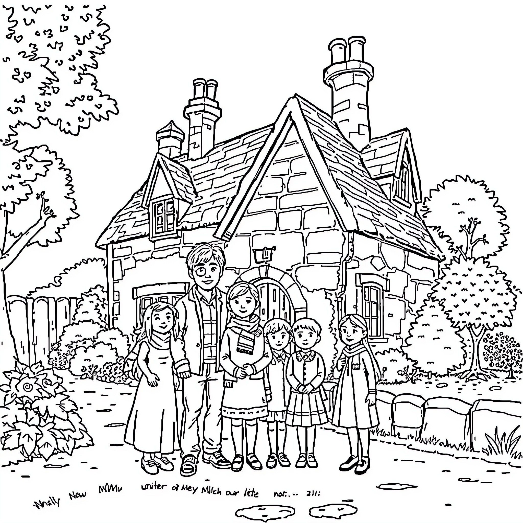 Weasley Family Gathered Outdoors at their Cozy Cottage Coloring Page (free black-and-white line drawing printable PDF for all, from beginners to advanced learners, including children, teens, adults, and seniors)