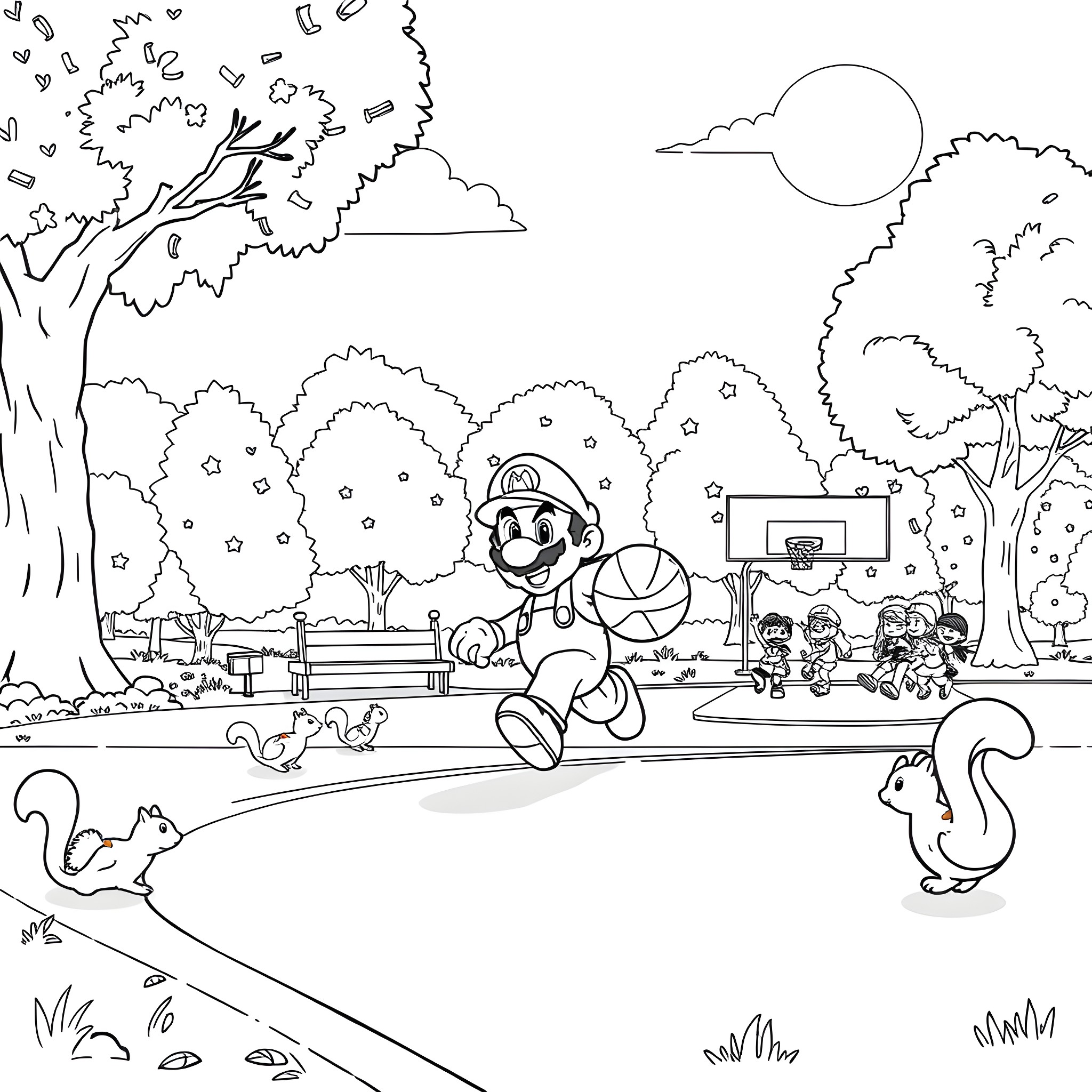 Mario enjoying a sunny day in the park Coloring Page (free black-and-white line drawing printable PDF for all, from beginners to advanced learners, including children, teens, adults, and seniors)