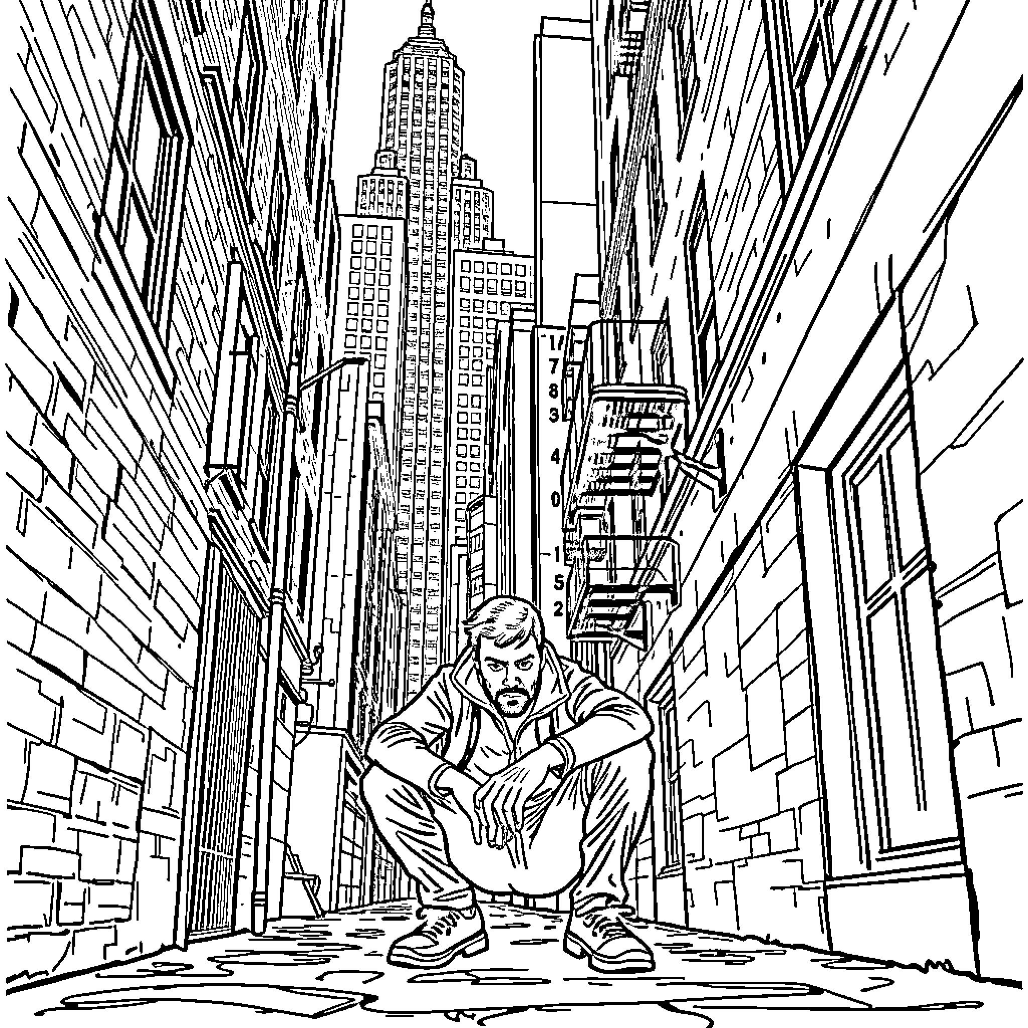 Man Resting in Bustling City Alley Coloring Page (free black-and-white line drawing printable PDF for all, from beginners to advanced learners, including children, teens, adults, and seniors)