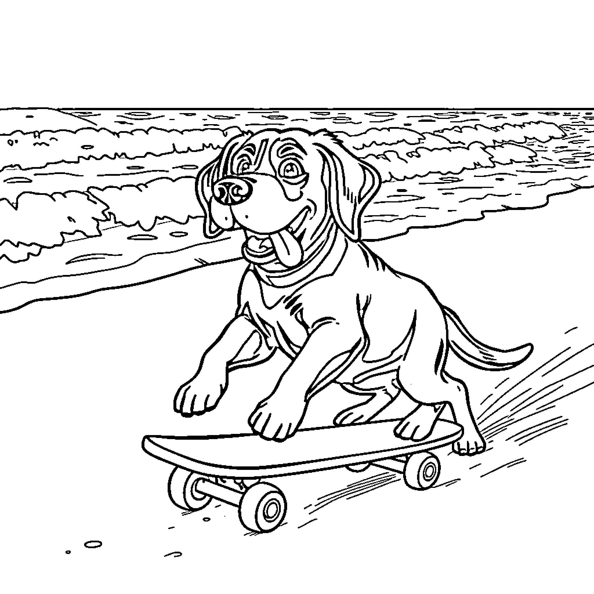 Dog riding a skateboard on the beach Coloring Page (free black-and-white line drawing printable PDF for all, from beginners to advanced learners, including children, teens, adults, and seniors)