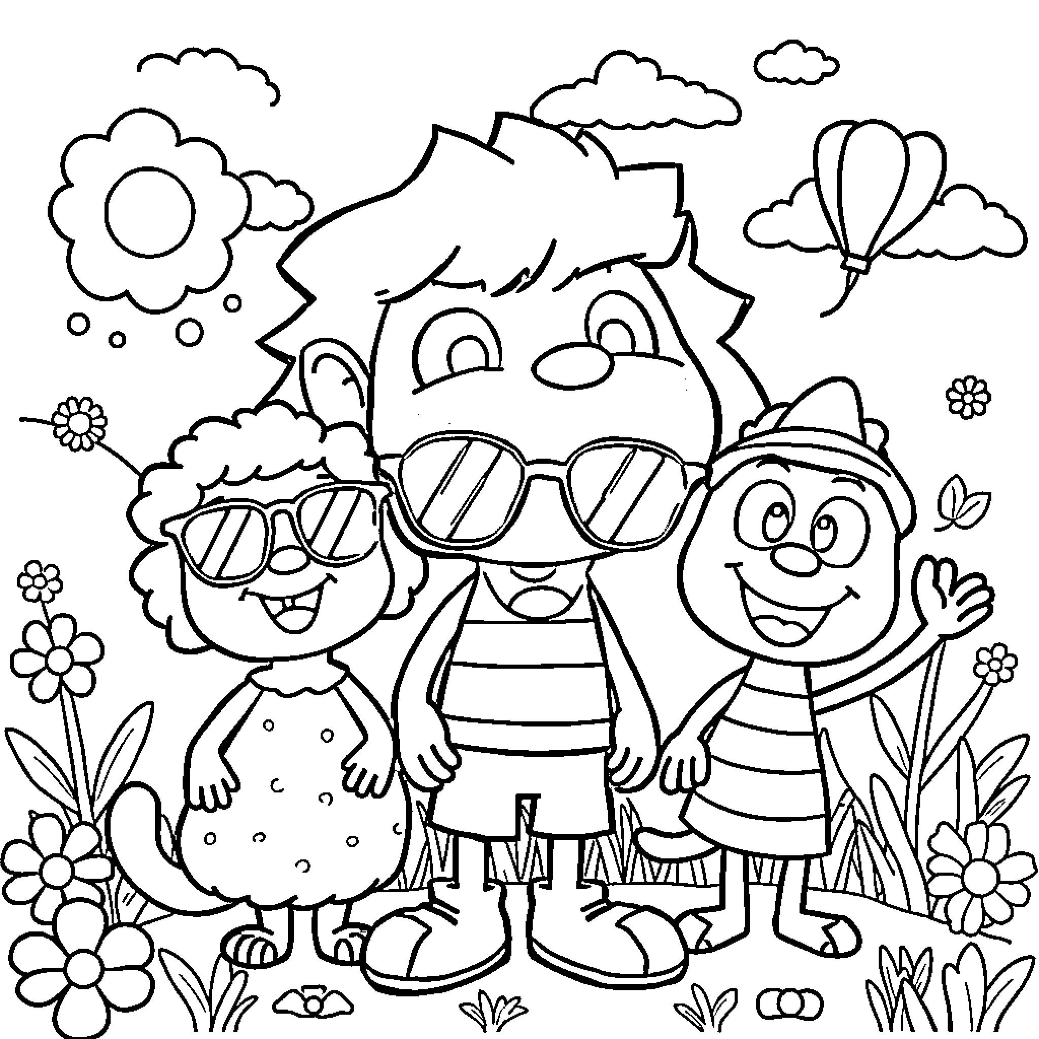 Cartoon Friends Enjoying Nature Together Coloring Page (free black-and-white line drawing printable PDF for all, from beginners to advanced learners, including children, teens, adults, and seniors)