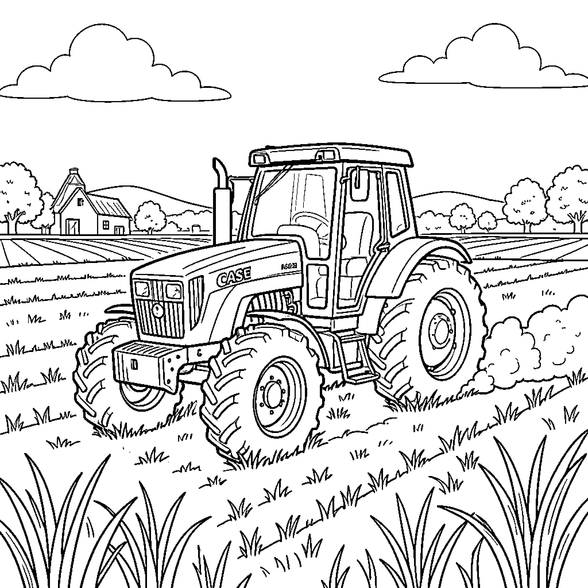 Tractor plowing through a rural landscape Coloring Page (free black-and-white line drawing printable PDF for all, from beginners to advanced learners, including children, teens, adults, and seniors)