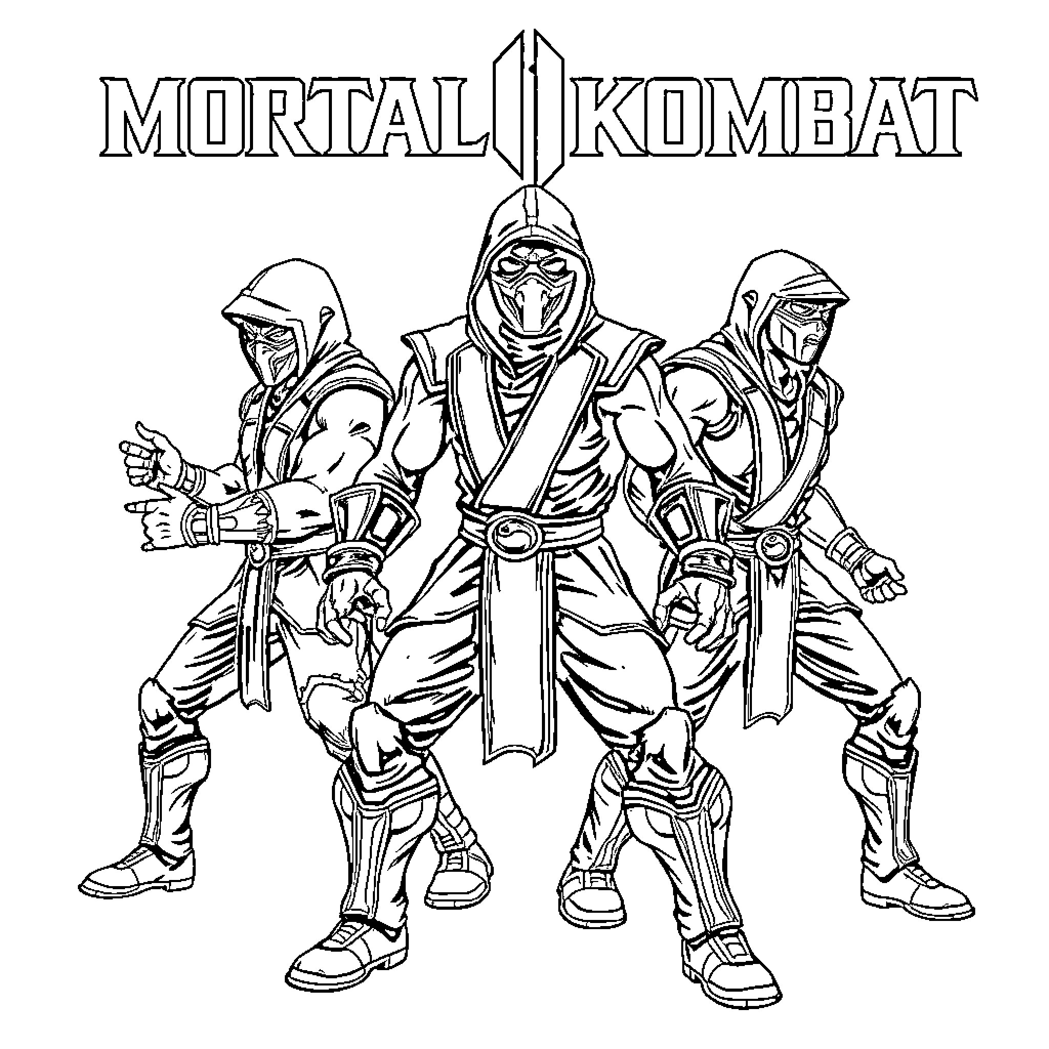 Fighter ninjas in battle stances from Mortal Kombat Coloring Page (free black-and-white line drawing printable PDF for all, from beginners to advanced learners, including children, teens, adults, and seniors)