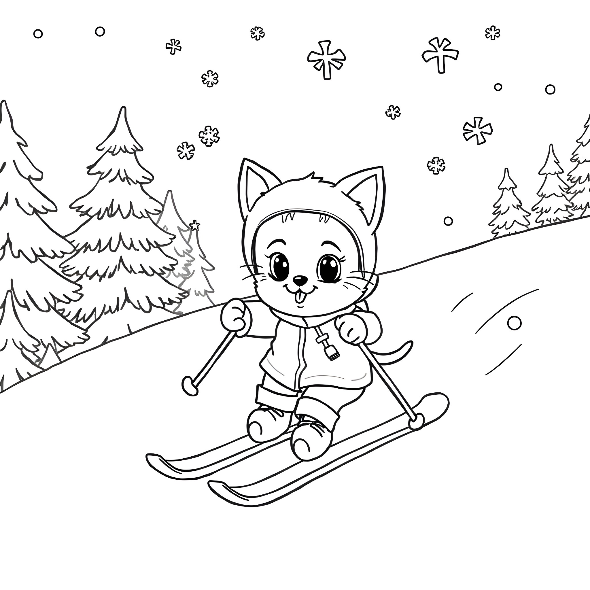 Cat skiing happily in the snowy winter landscape Coloring Page (free black-and-white line drawing printable PDF for all, from beginners to advanced learners, including children, teens, adults, and seniors)
