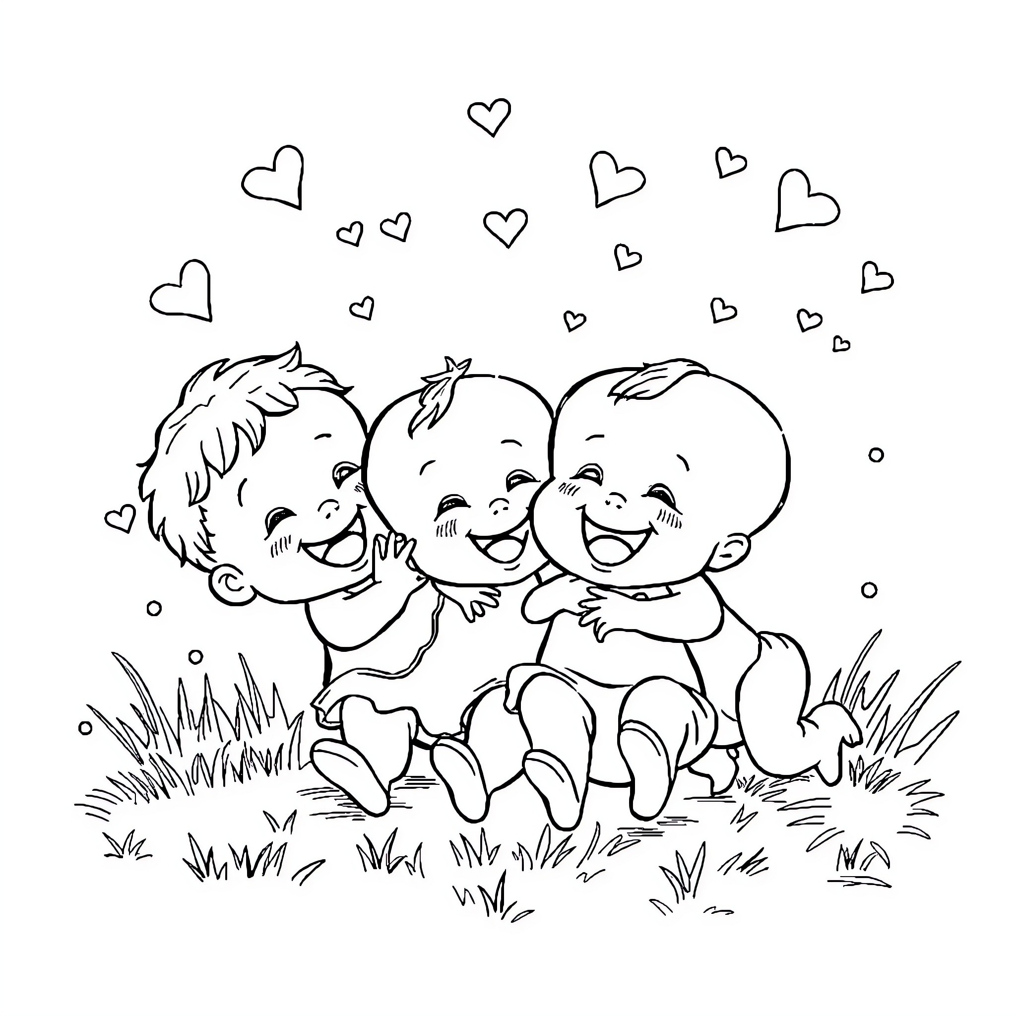 Baby friends happily hugging on the grass Coloring Page (free black-and-white line drawing printable PDF for all, from beginners to advanced learners, including children, teens, adults, and seniors)