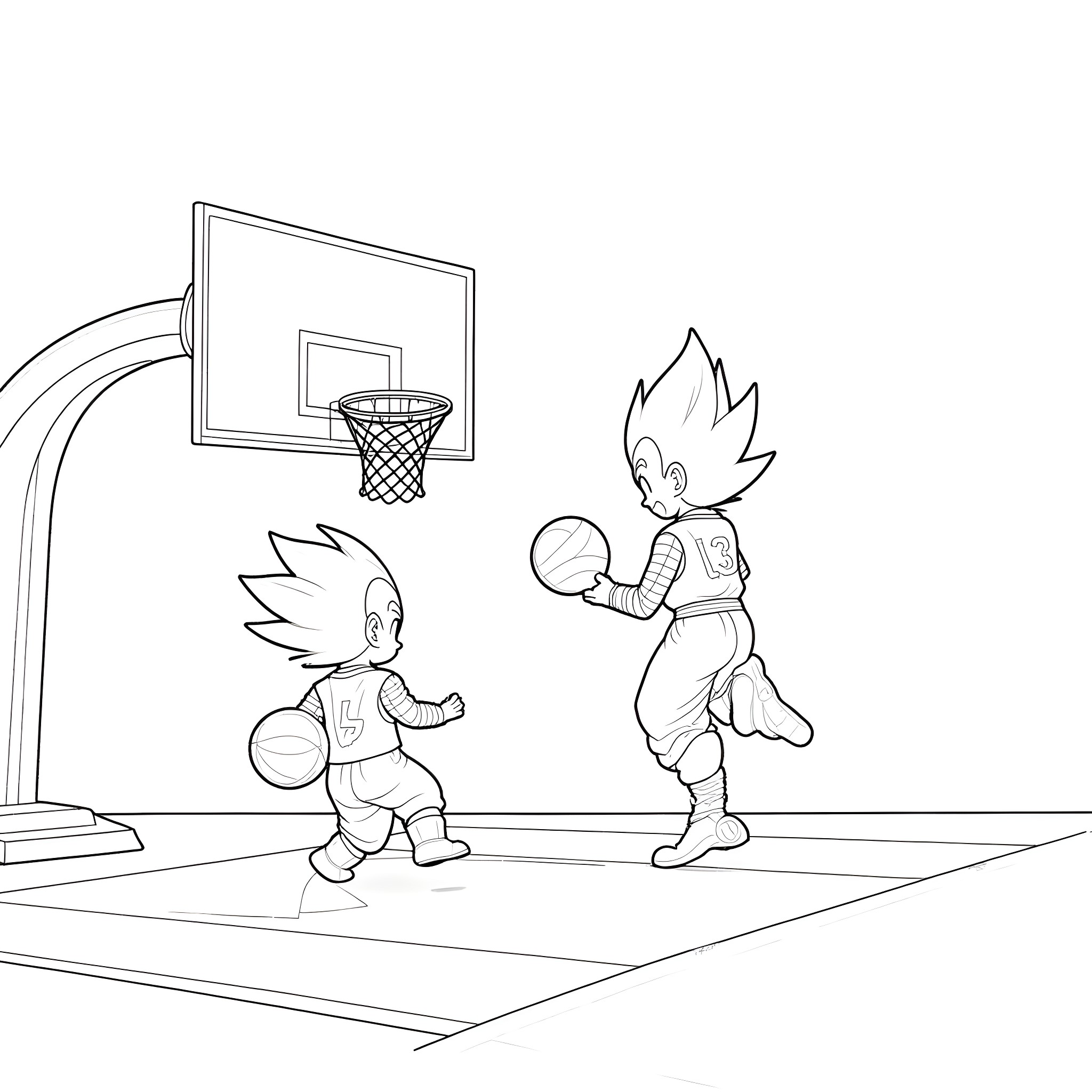 Dragon Ball Z characters playing basketball Coloring Page (free black-and-white line drawing printable PDF for all, from beginners to advanced learners, including children, teens, adults, and seniors)