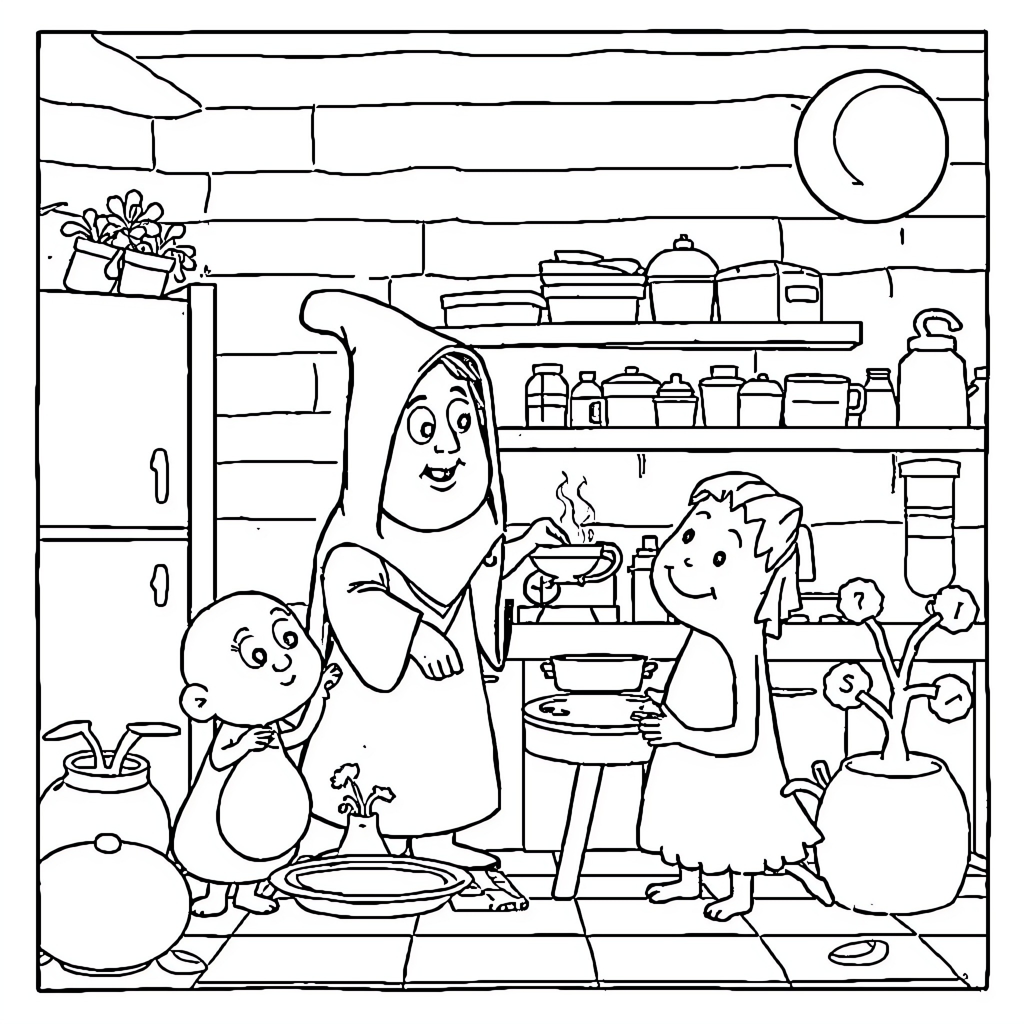 Plim Plim - Friendly Kitchen Gathering Coloring Page (free black-and-white line drawing printable PDF for all, from beginners to advanced learners, including children, teens, adults, and seniors)