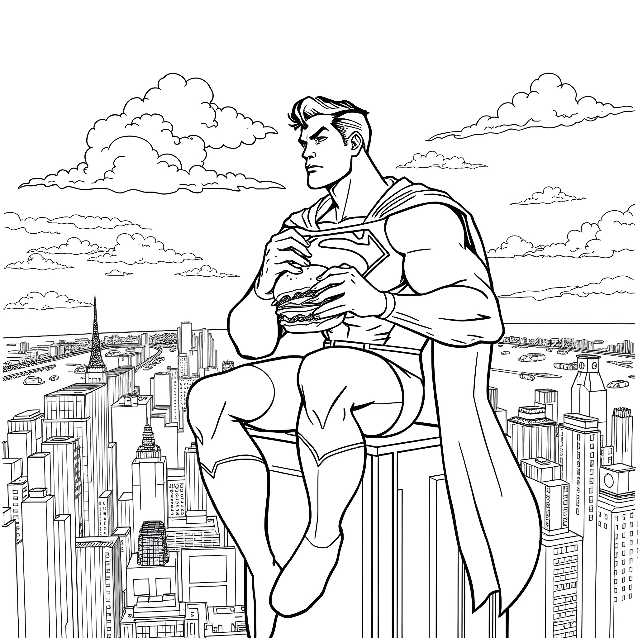 Superman overlooking the city skyline Coloring Page (free black-and-white line drawing printable PDF for all, from beginners to advanced learners, including children, teens, adults, and seniors)