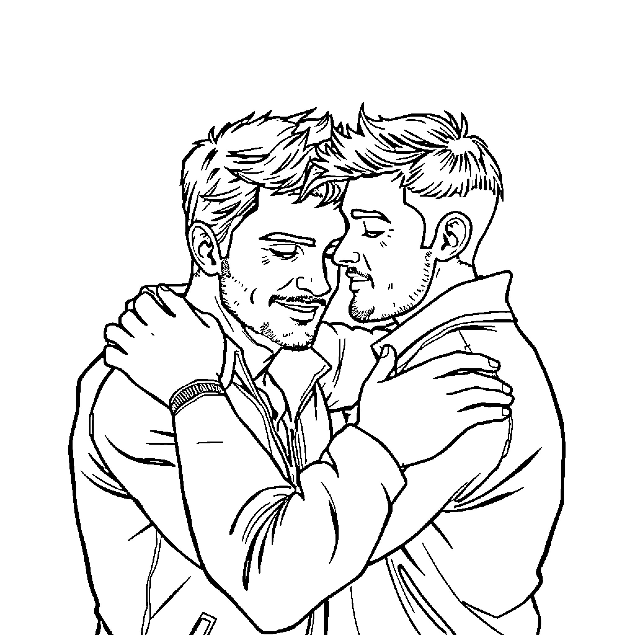 Couple embracing in a tender moment Coloring Page (free black-and-white line drawing printable PDF for all, from beginners to advanced learners, including children, teens, adults, and seniors)