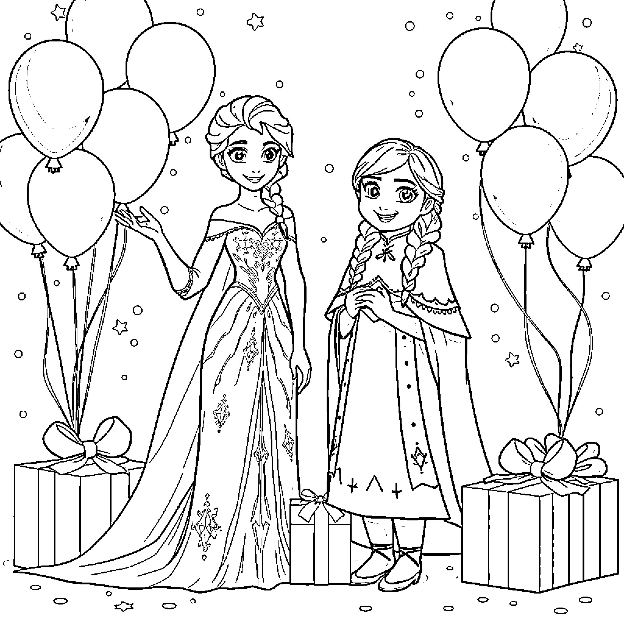 Elsa and Anna Celebrating with Balloons and Gifts Coloring Page (free black-and-white line drawing printable PDF for all, from beginners to advanced learners, including children, teens, adults, and seniors)