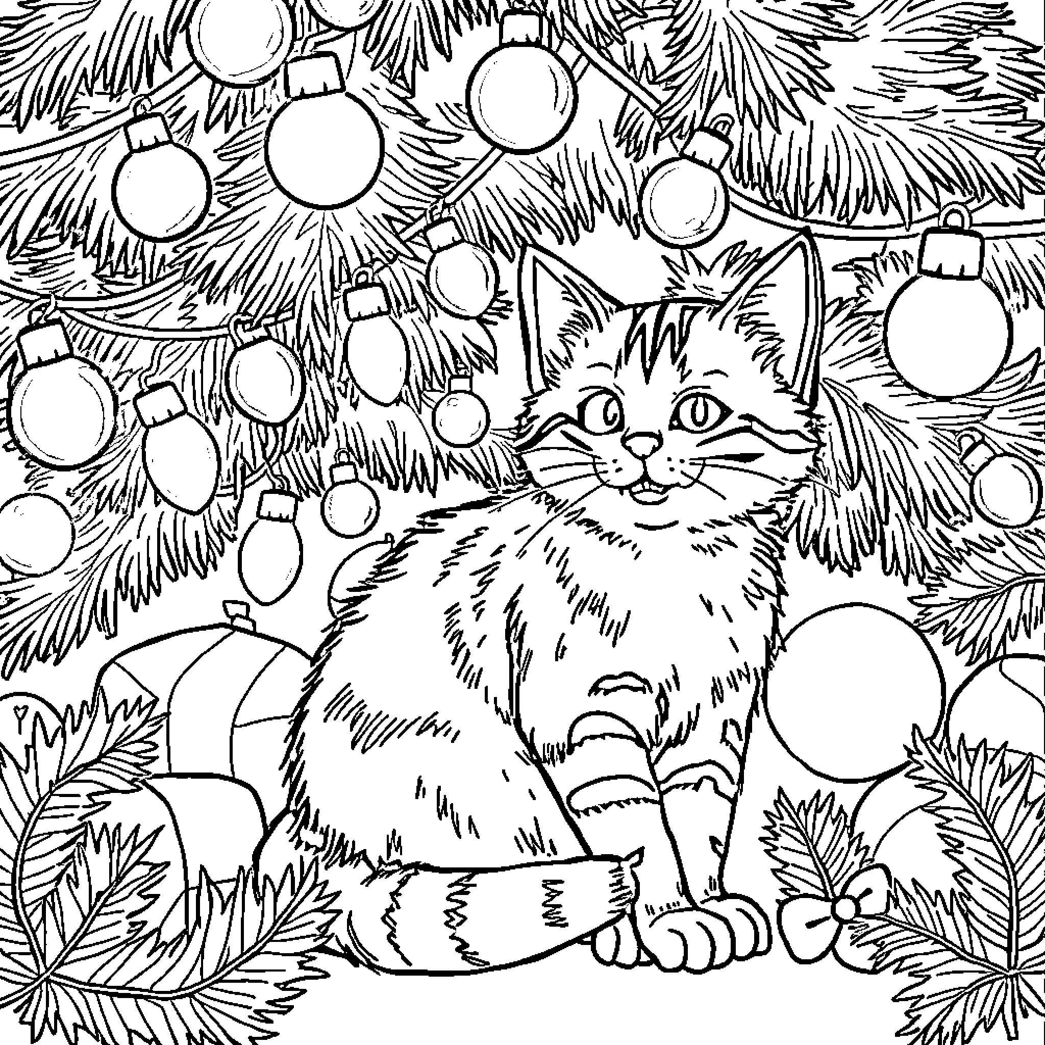 Cat enjoying the Christmas tree Coloring Page (free black-and-white line drawing printable PDF for all, from beginners to advanced learners, including children, teens, adults, and seniors)