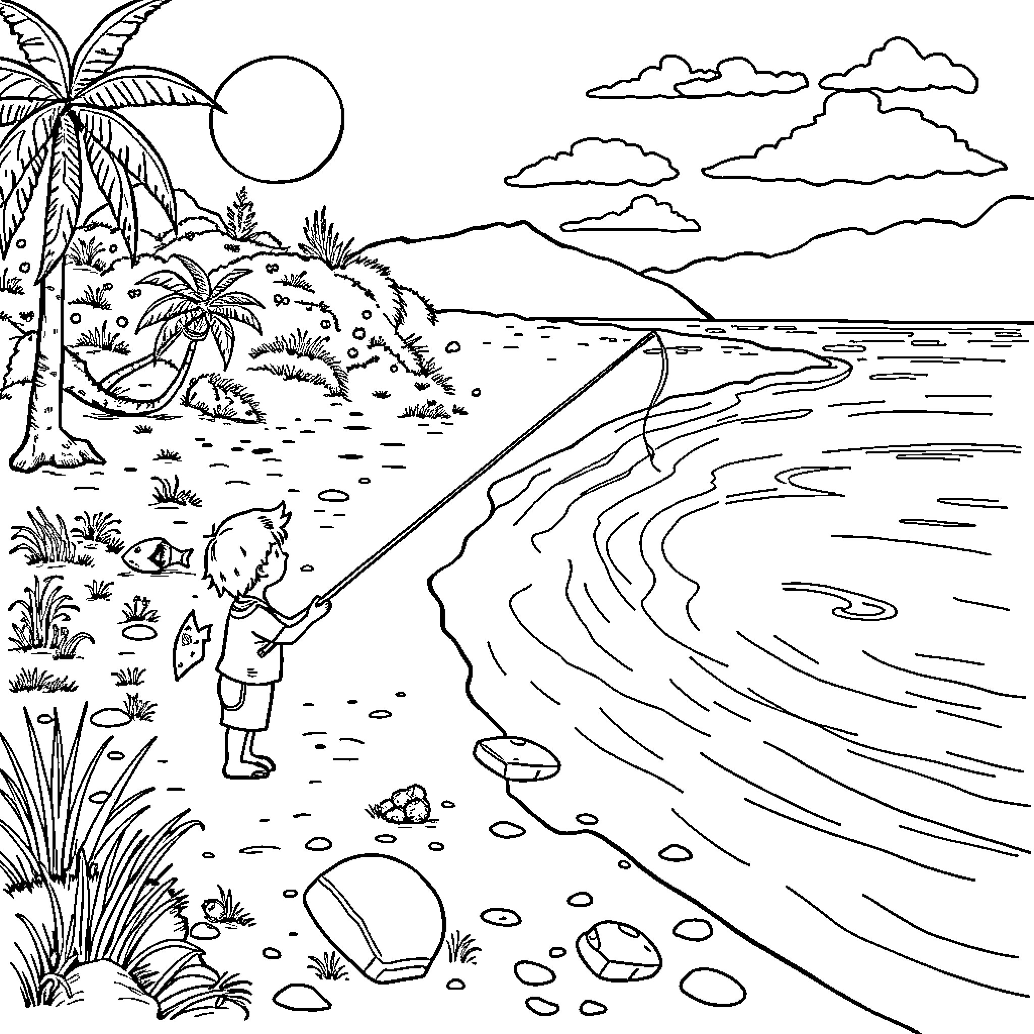 Kid fishing by the tropical beach Coloring Page (free black-and-white line drawing printable PDF for all, from beginners to advanced learners, including children, teens, adults, and seniors)