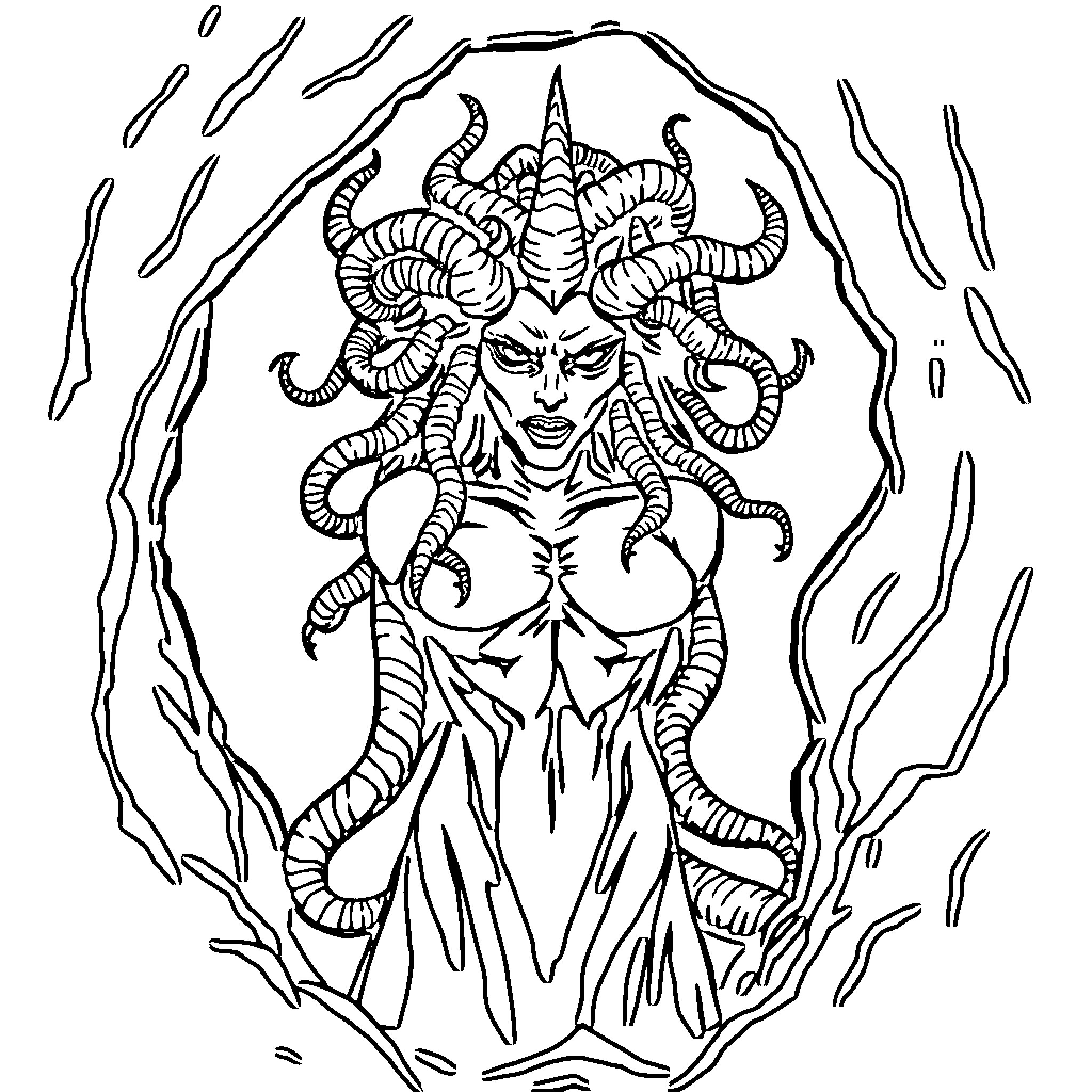 Medusa, the Mythical Gorgon in Fierce Stance Coloring Page (free black-and-white line drawing printable PDF for all, from beginners to advanced learners, including children, teens, adults, and seniors)