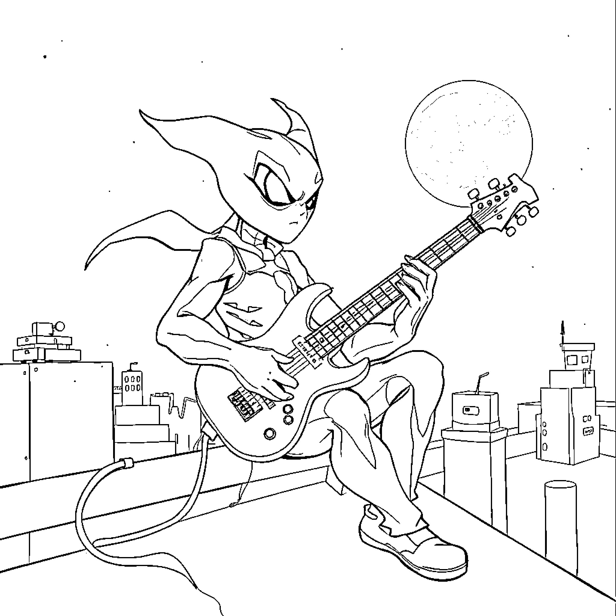 Spawn rocking out in the city Coloring Page (free black-and-white line drawing printable PDF for all, from beginners to advanced learners, including children, teens, adults, and seniors)