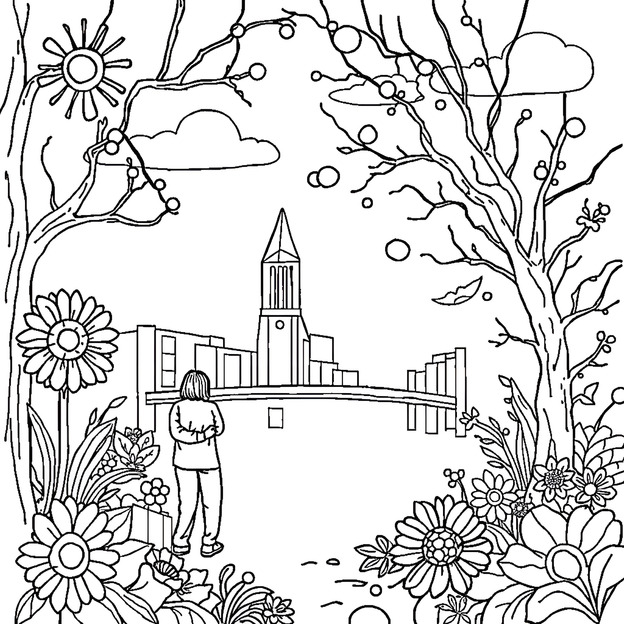 Bristol cityscape with nature elements Coloring Page (free black-and-white line drawing printable PDF for all, from beginners to advanced learners, including children, teens, adults, and seniors)