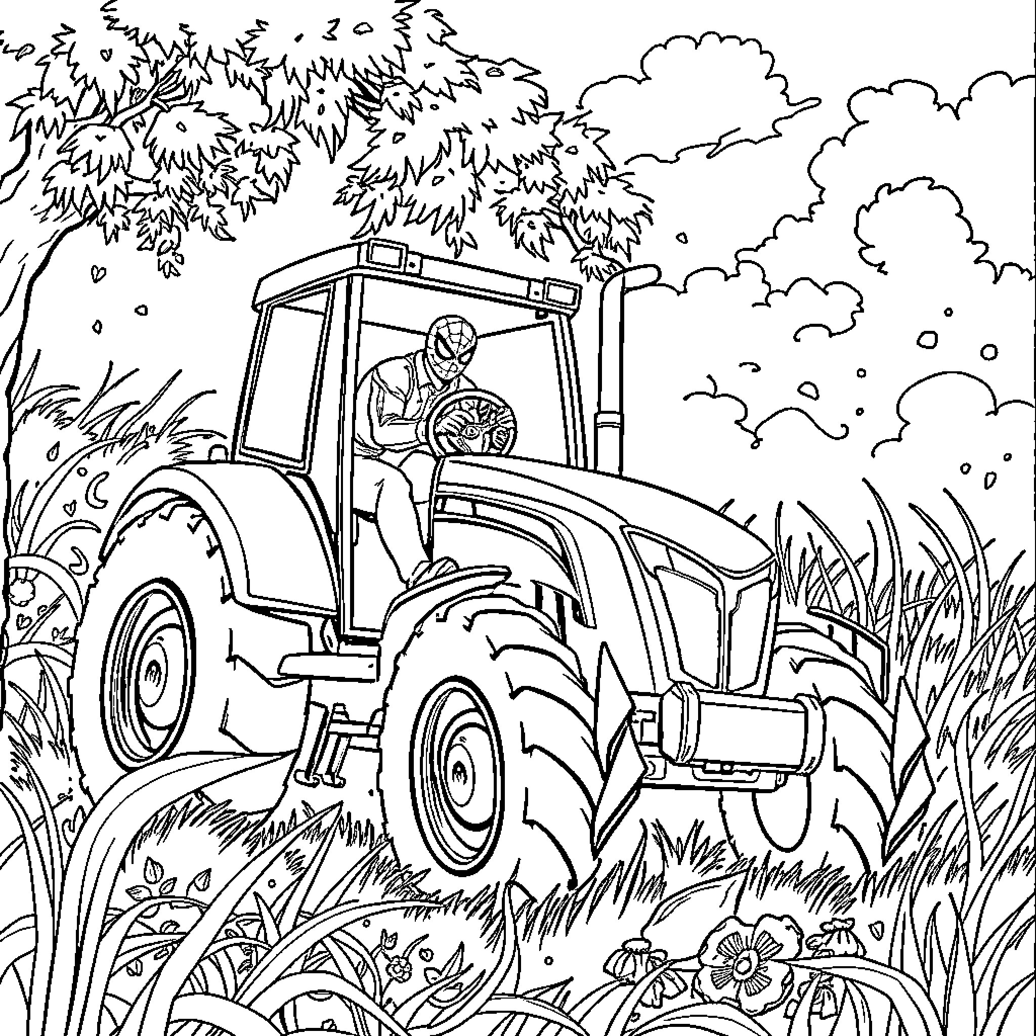 Spiderman riding a tractor in a nature scene Coloring Page (free black-and-white line drawing printable PDF for all, from beginners to advanced learners, including children, teens, adults, and seniors)