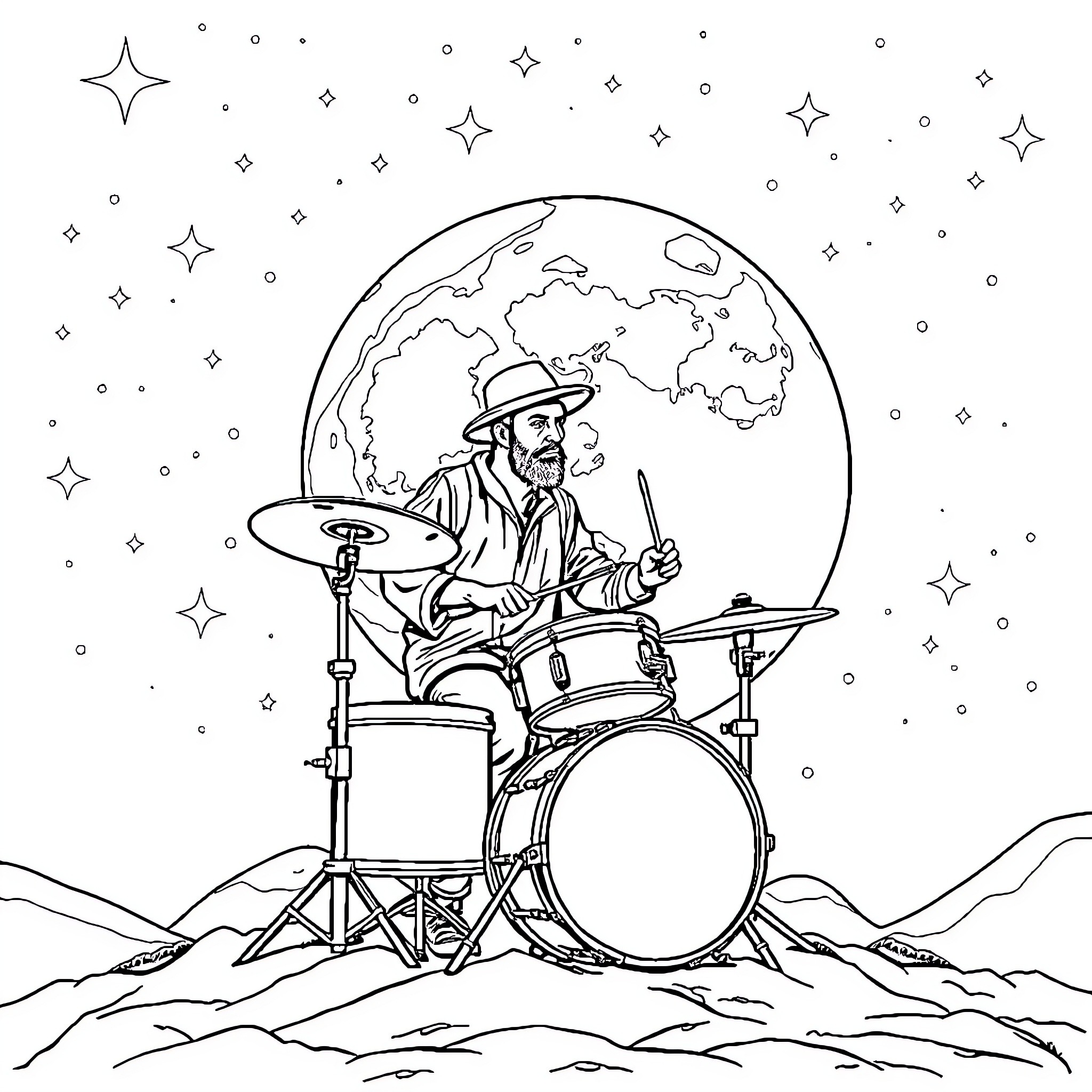 Drummer performing on stage under the starry sky Coloring Page (free black-and-white line drawing printable PDF for all, from beginners to advanced learners, including children, teens, adults, and seniors)