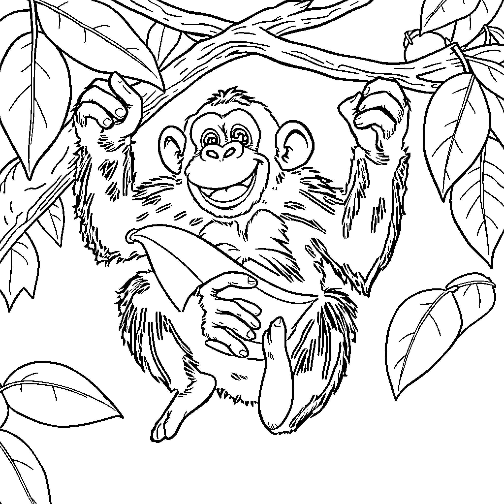Chimpanzee swinging joyfully in the jungle Coloring Page (free black-and-white line drawing printable PDF for all, from beginners to advanced learners, including children, teens, adults, and seniors)