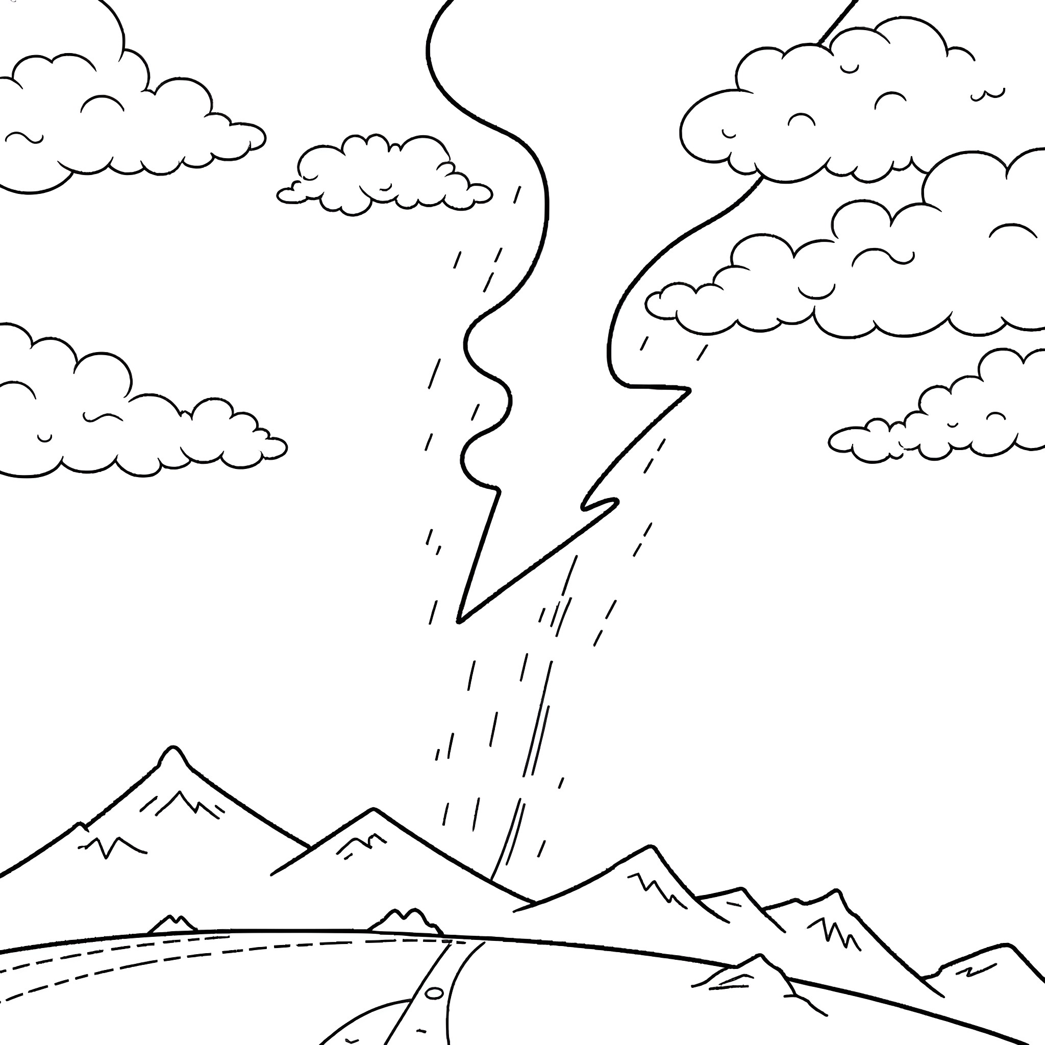 Thunder strikes over mountainous landscape Coloring Page (free black-and-white line drawing printable PDF for all, from beginners to advanced learners, including children, teens, adults, and seniors)