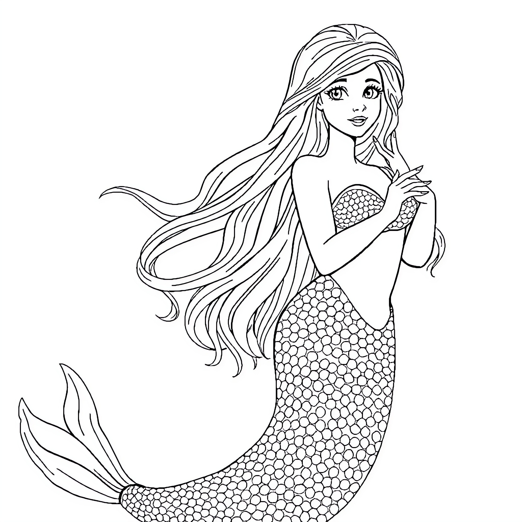 Mermaid with flowing hair and patterned tail Coloring Page (free black-and-white line drawing printable PDF for all, from beginners to advanced learners, including children, teens, adults, and seniors)